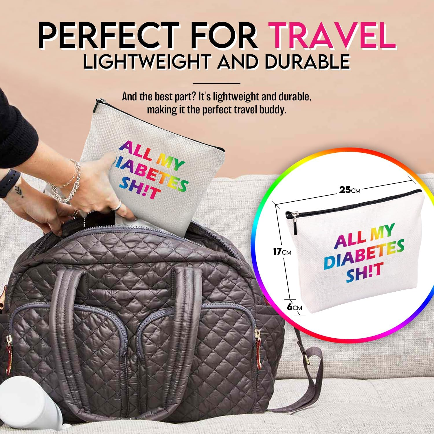 Travel Diabetic Case - Colourful, Witty Design, Durable 100% Cotton Canvas with Bonus Keychain - Perfect for Diabetic Supplies, Cosmetics, Toiletries, Makeup Brushes - Lightweight Travel Buddy image number 4