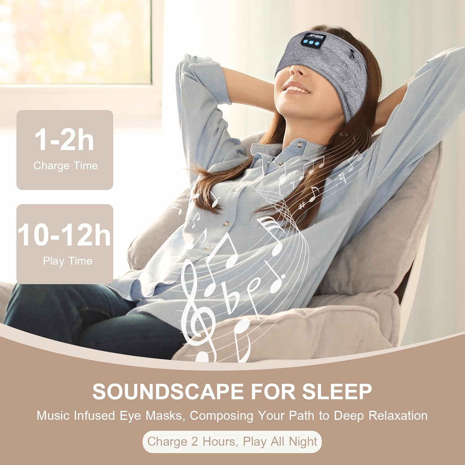 Sleep Headphones Headband, Wireless Music Sports Headband Headphones with Ultra-Thin HD Stereo Speakers Perfect for Sleeping, Workout, Jogging, Yoga, Insomnia, Air Travel, Meditation (Gray) - Gray image number 5