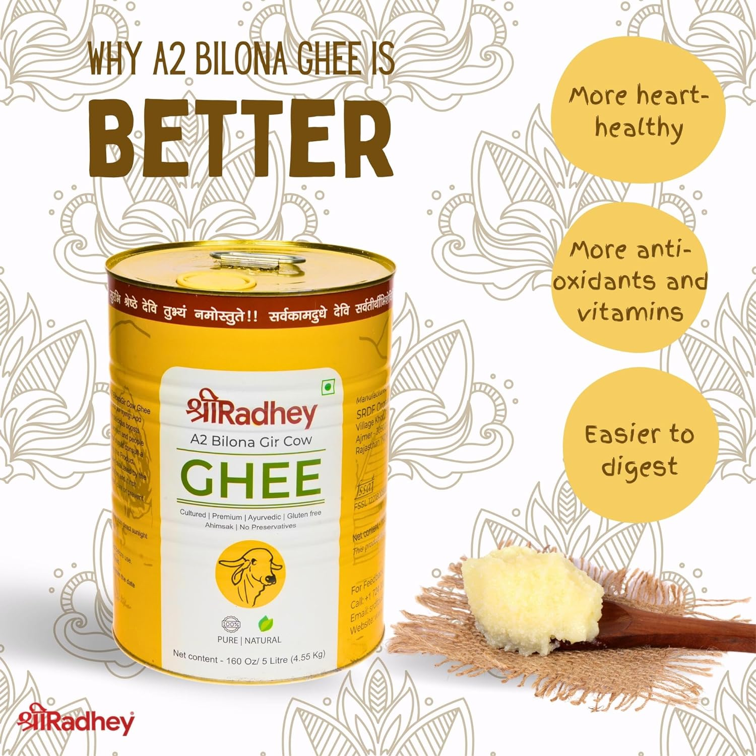SHREE RADHEY A2 Bilona Gir Cow Ghee | 5 Litre | Traditional Bilona Method | Cultured | Premium | Immunity Booster | Pure | Natural | Healthy | Fresh | Lactose and Gluten Free | Keto Friendly | Food Grade TIN image number 3
