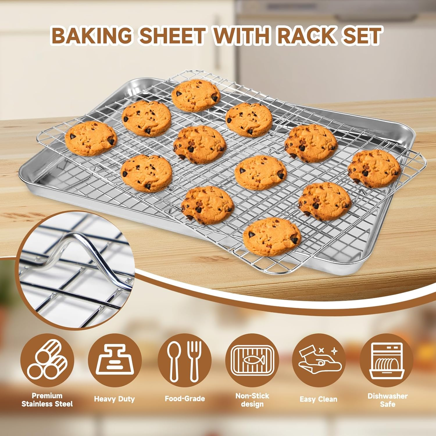 SAILESI Baking Sheet with Rack Set [2 Baking Pans + 2 Cooling Racks], Stainless Steel Cookie Sheet with Wire Rack, Baking Sheet Oven Tray Nonstick Baking Pan with Grid Rack, 44 X 31 X 2.5Cm image number 3