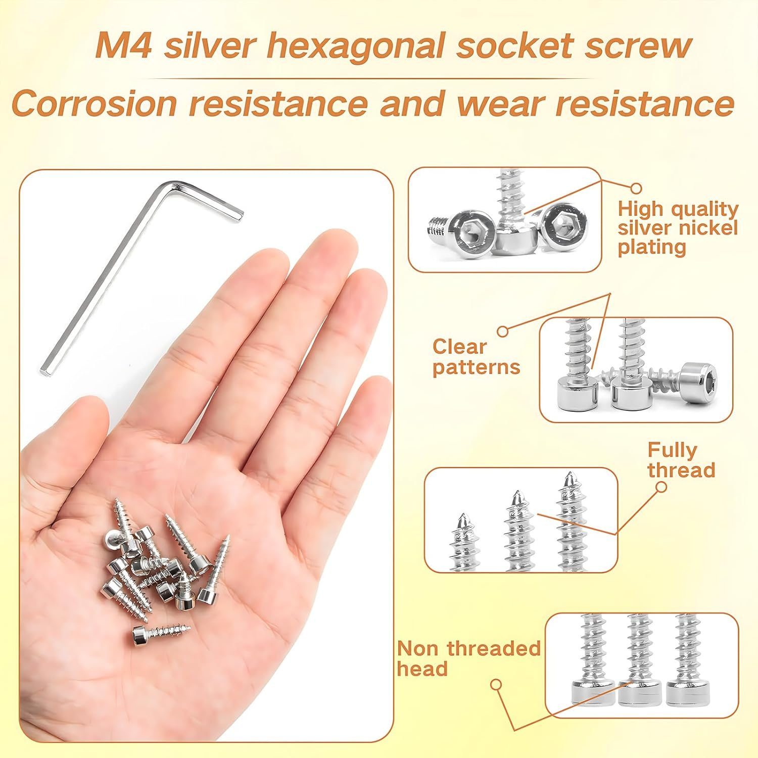 Zmbroll Hex Socket Head Cap Self Tapping Screws M4X8/10/12/14/16/18/20/25/30/35Mm Grade 8.8 Silver Nickel Plated 220Pcs M4 Hex Socket Drive Allen Head Sheet Metal Wood Screw with Wrenches image number 4