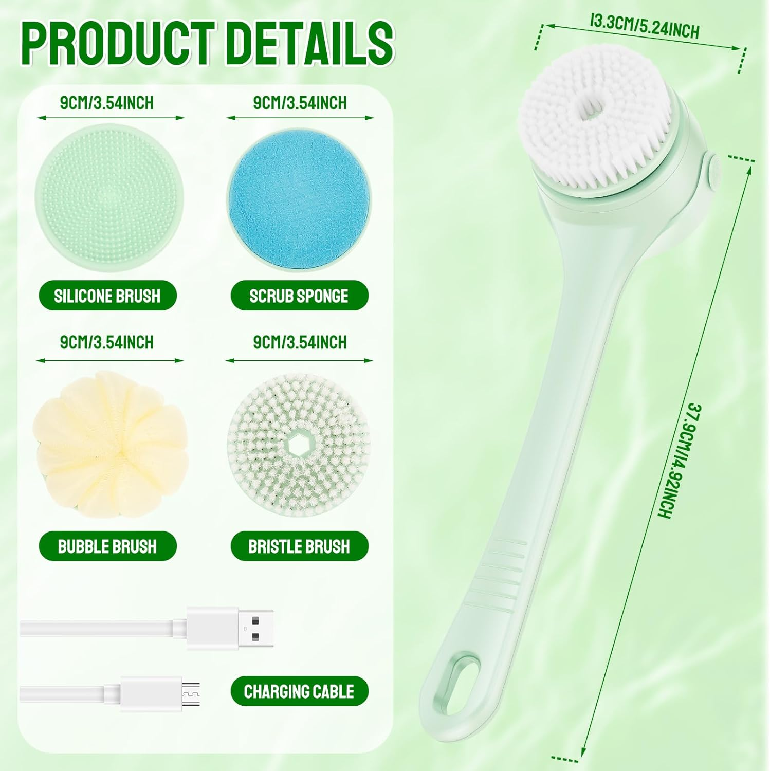 Electric Body Scrubber for Shower, 2 Handles & 4 Detachable Heads, IPX7 Waterproof, Rechargeable Deep Cleansing Body Brush, Electric Back Scrubber for All Skin Types (Green) - Green image number 6