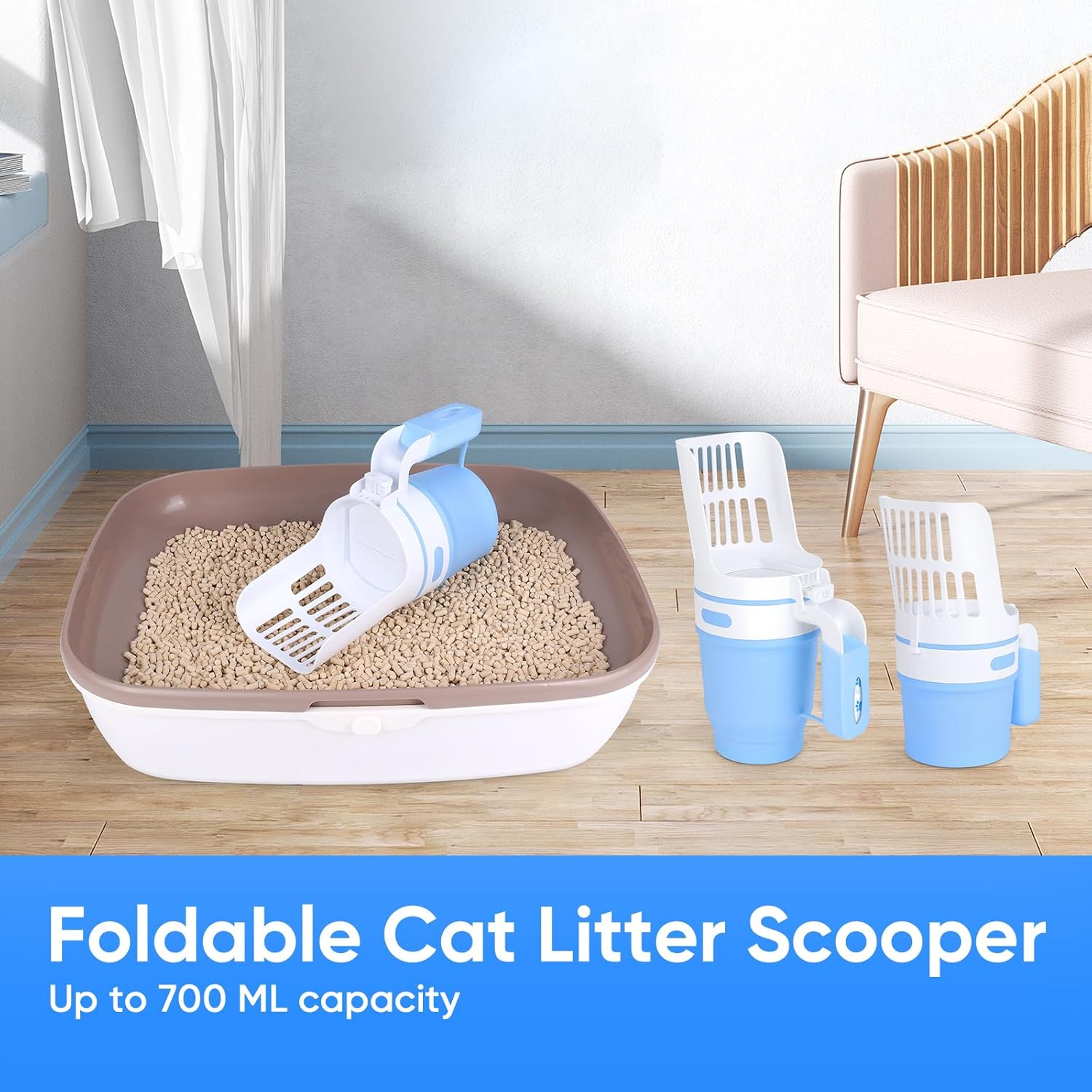 MYPIN Foldable Cat Litter Scoop with Bags, Upgraded Cat Litter Scoop with Holder and Waste Bin, Cat Litter Scoop with Extra 135 Waste Bags, Portable Cat Litter Scoop (Blue) image number 4
