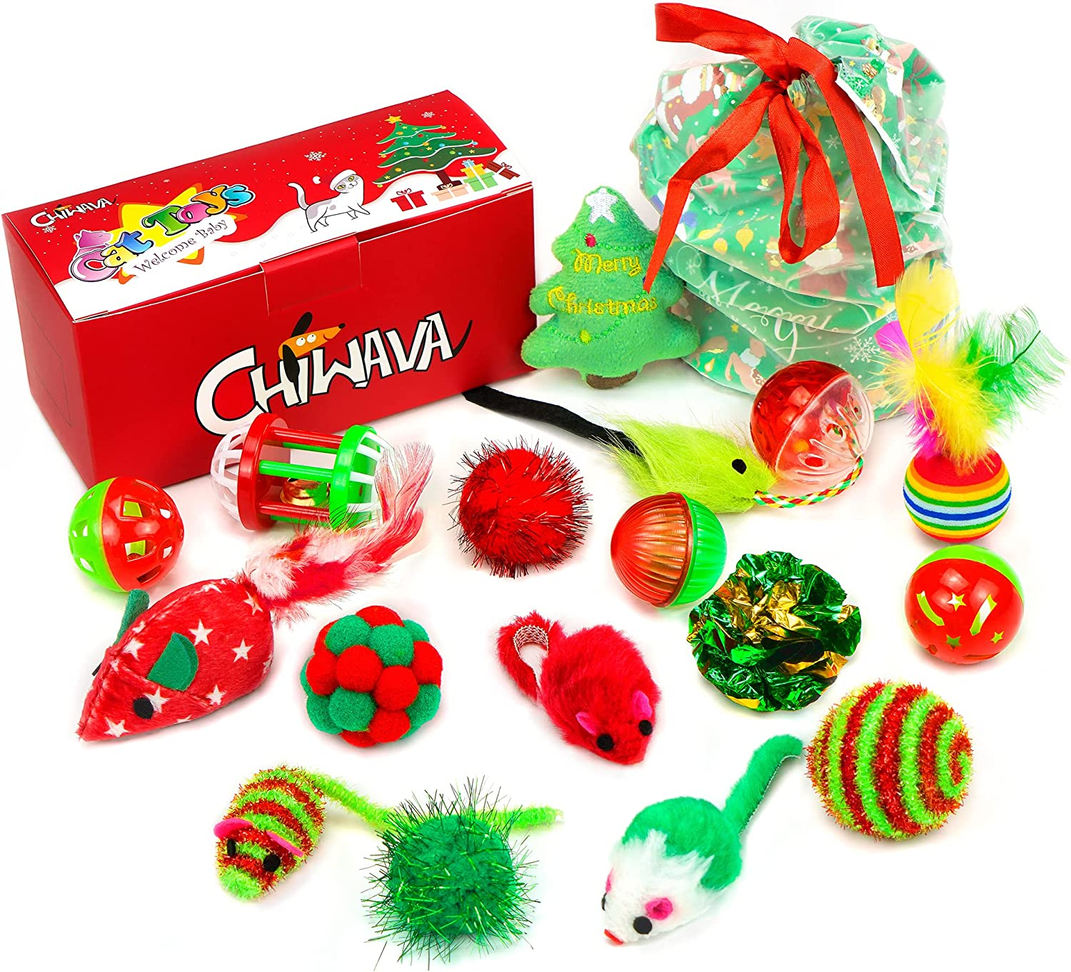 Chiwava 17 Pack Christmas Cat Toy Gifts Bag Set Assorted Toys Variety Pack Kitten Interactive Play image number 3