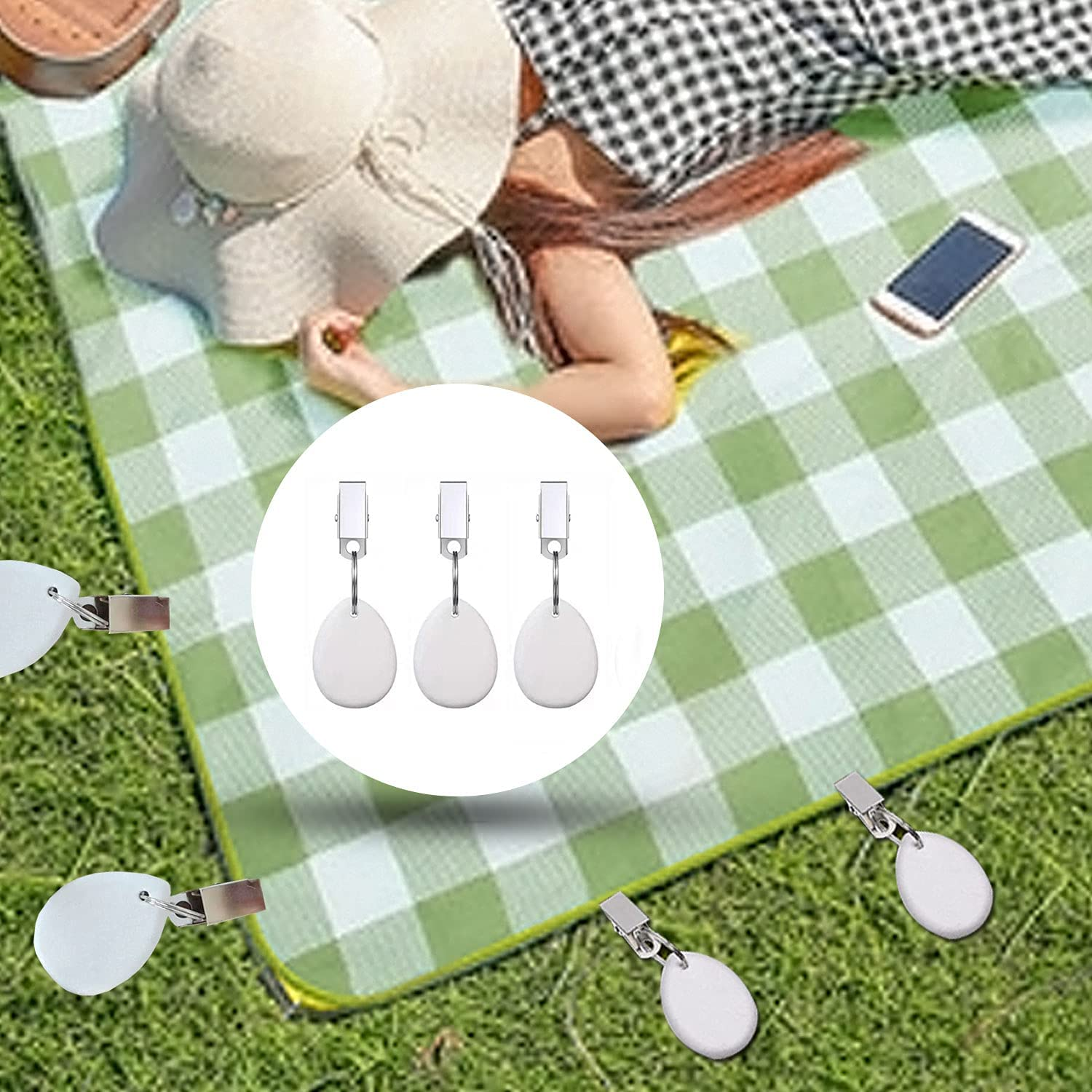 Aulufft 12 Pieces Tablecloth Weights Teardrop Shape Table Cover Weights Stone Tablecloth Weights Hangers with Metal Clip Tablecloth Pendants for Outdoor Picnic Family Dinner Table Cloth Decoration image number 1
