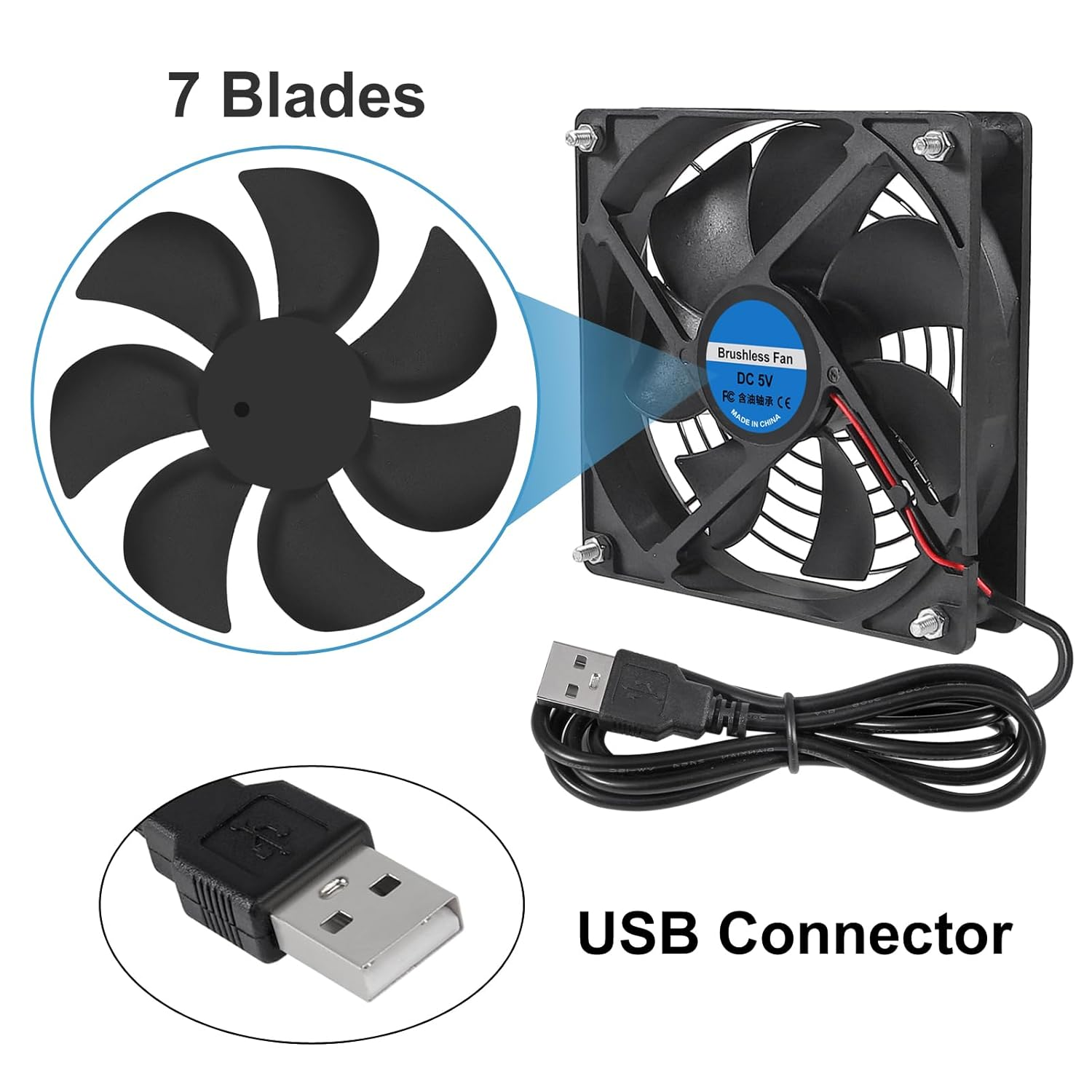 2Pcs USB Fan 5V 12025 Cooling Fan Ball Bearings Brushless Axial Fan 120X120X25Mm USB Computer PC Fan with Srews Metal Grill Cover for Computer Case Cooling Fan CPU Coolers Radiators image number 3