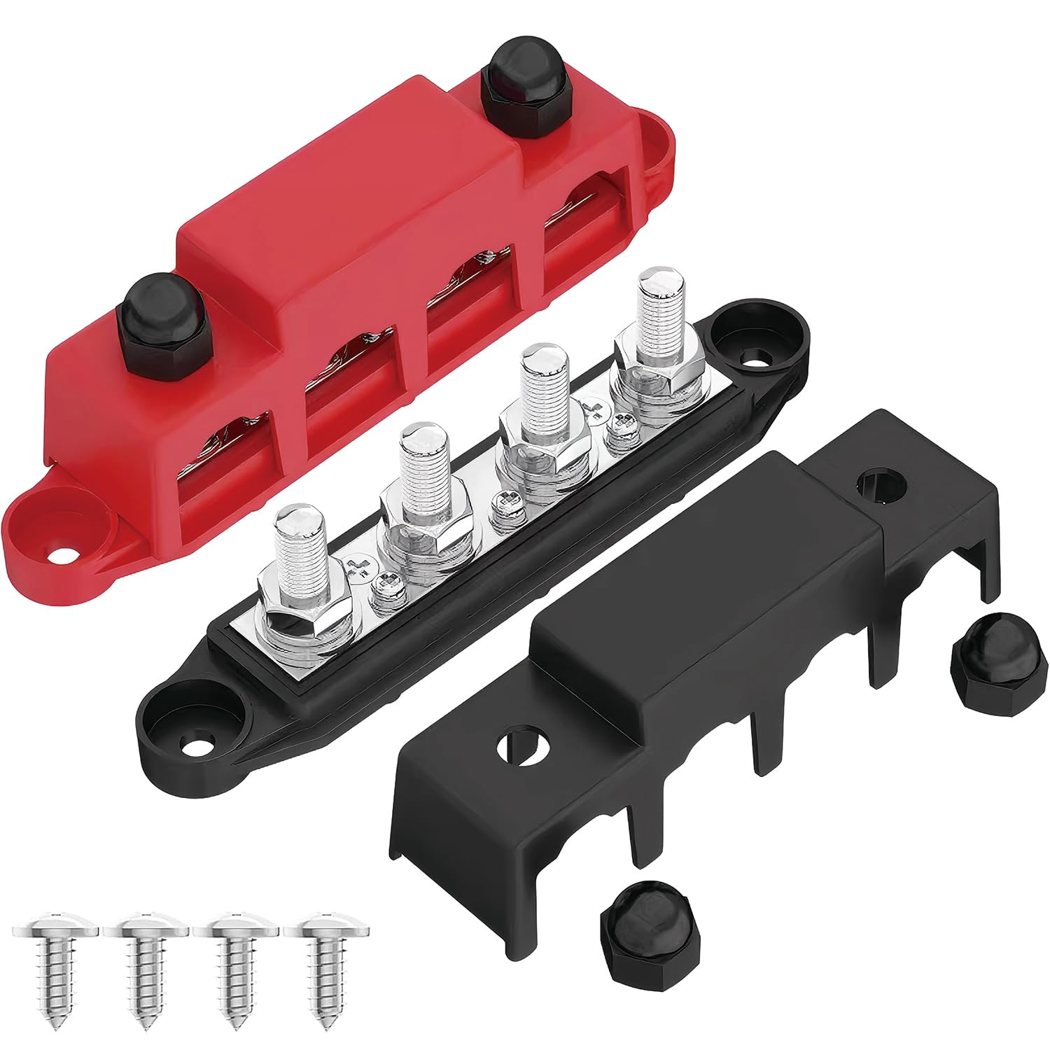 Bus Bar 250A 12V - 24V Power Distribution Block with 5/16" (M8) 4-Posts Terminals Block with Cover for Automotive, Marine, Battery System (Black & Red) image number 2
