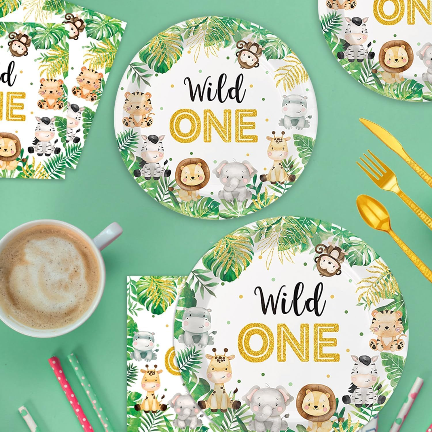 Wild One Birthday Decorations Tableware - Safari Birthday Decorations Including Plates, Cups, Napkins, Animal Jungle Theme Wild One Party Supplies (Serve 25) image number 3