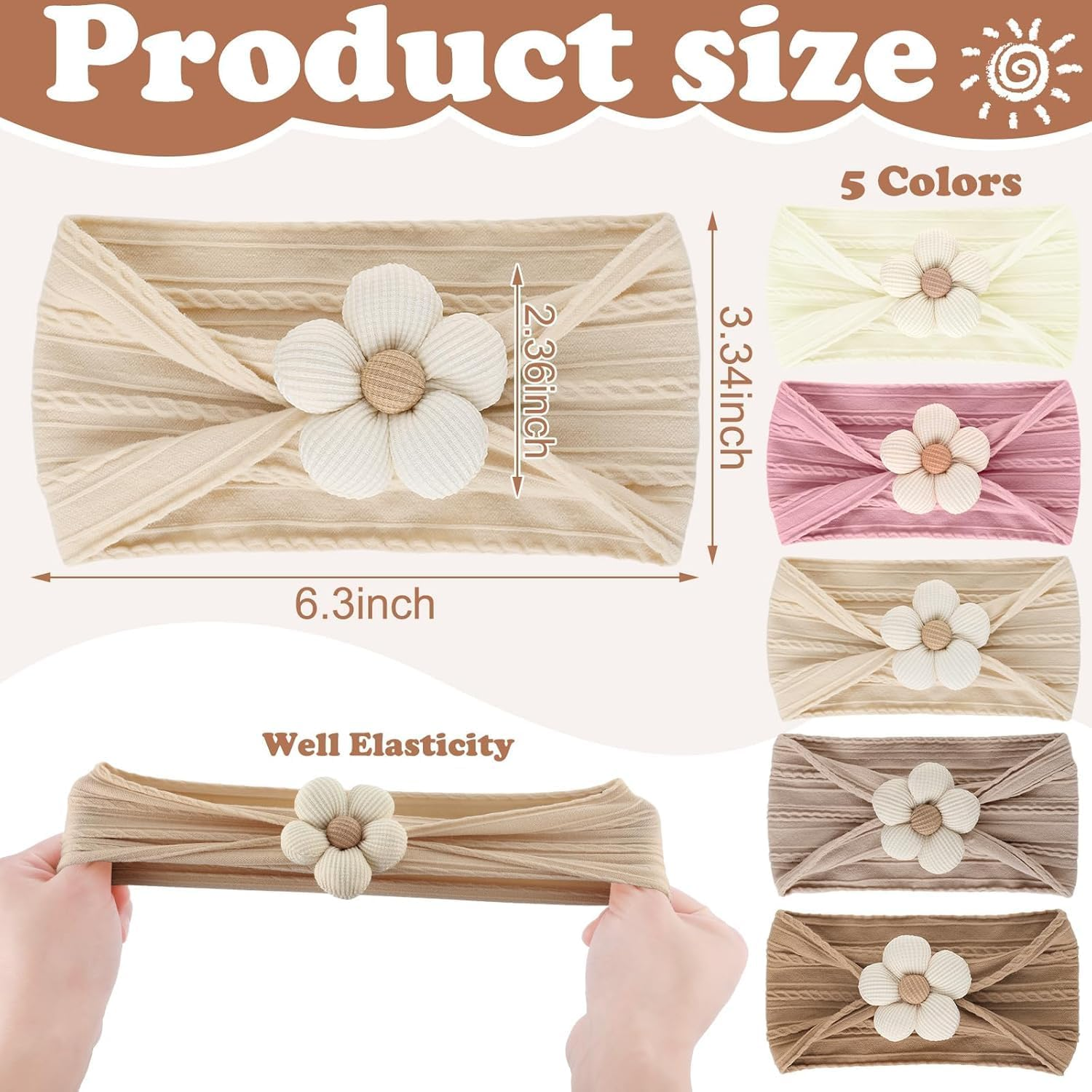 5 Pcs Baby Flower Headbands, Soft Nylon Baby Girl Headbands Flower Hair Accessories for Newborns Infant Toddler image number 4
