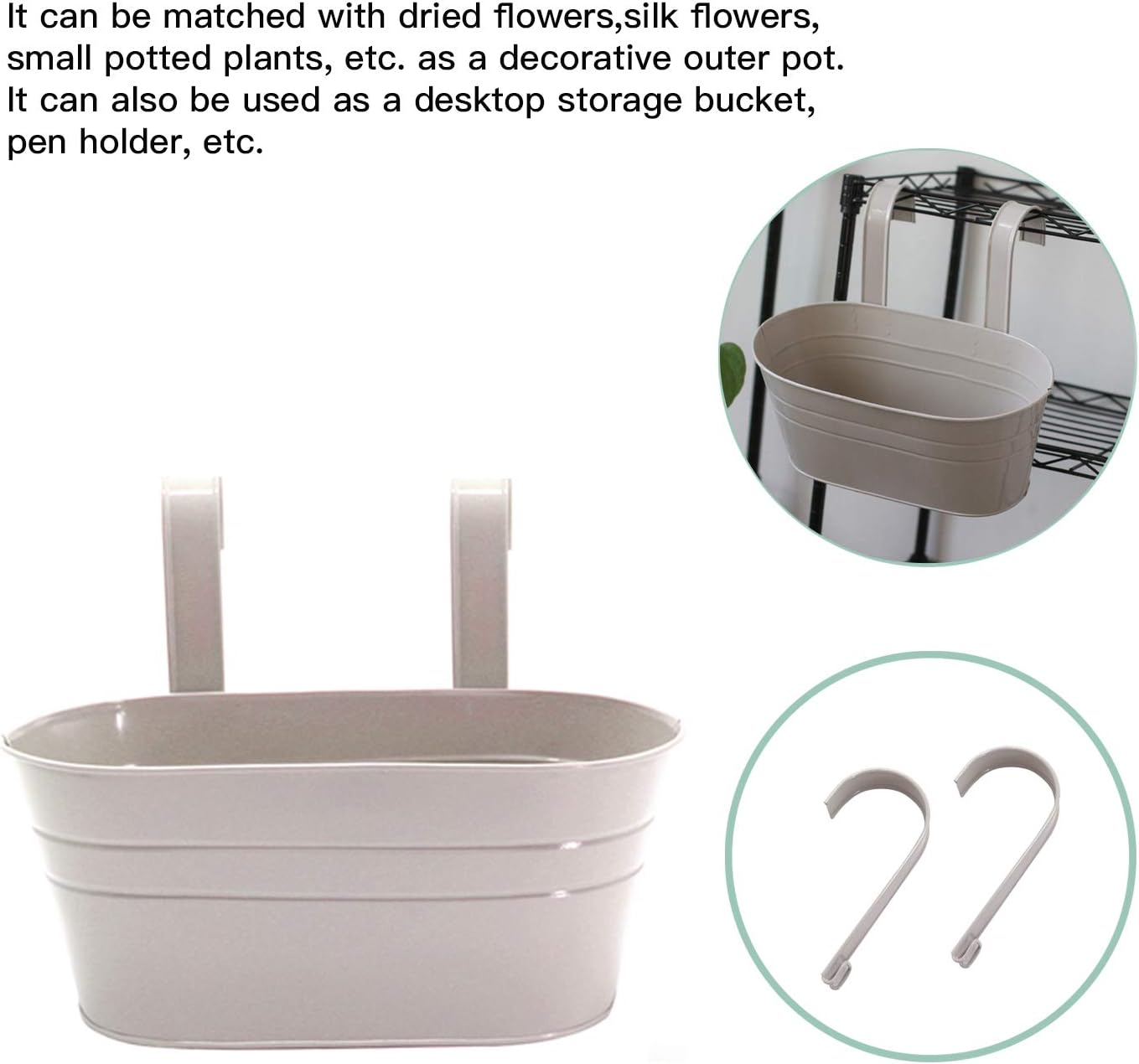 River 2 Pack Metal Iron Hanging Flower Pot, Oval Railing Planter Fence Garden Balcony Planter Hanging Plant Pot Metal Bucket Flower Holders with Detachable Hooks for Outdoor Indoor Home D&eacute;cor(Grey) - Grey image number 6