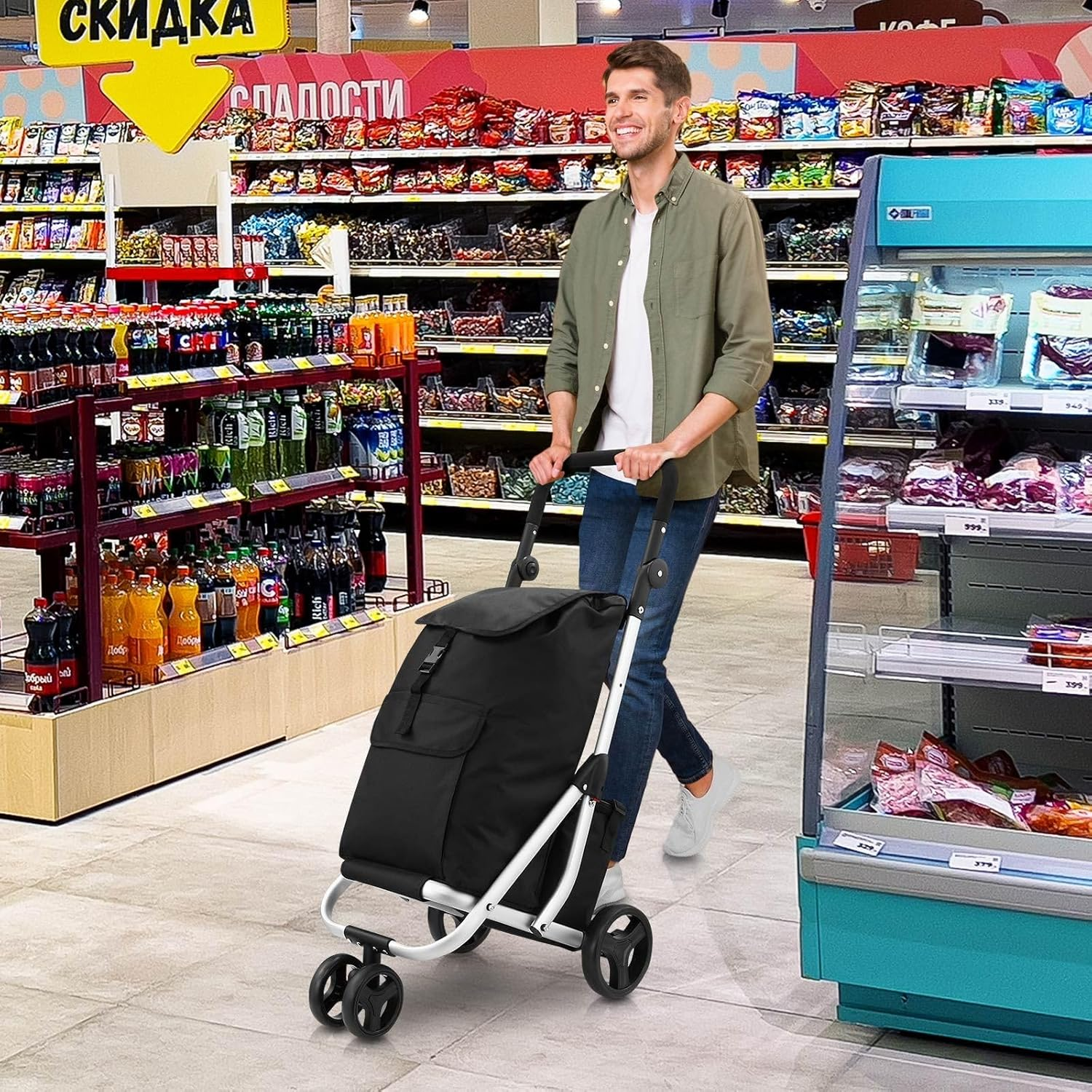 Maxkon Aluminium Shopping Trolley Waterproof Utility Cart Foldable Shop Grocery Bag with Insulation Bag Market Luggage with Wheels Black 45L image number 4