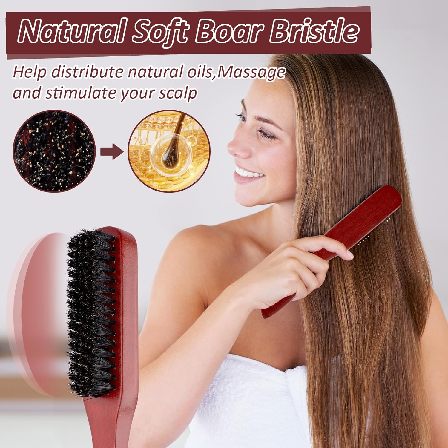 5 Pcs Boar Bristle Brush Set,Pulled Tail Brush,Natural Boar Bristles with Wooden Handle,Sleek Styling Hair Brush,Reduce Breaking,Anti-Static Brush for Men and Women image number 2