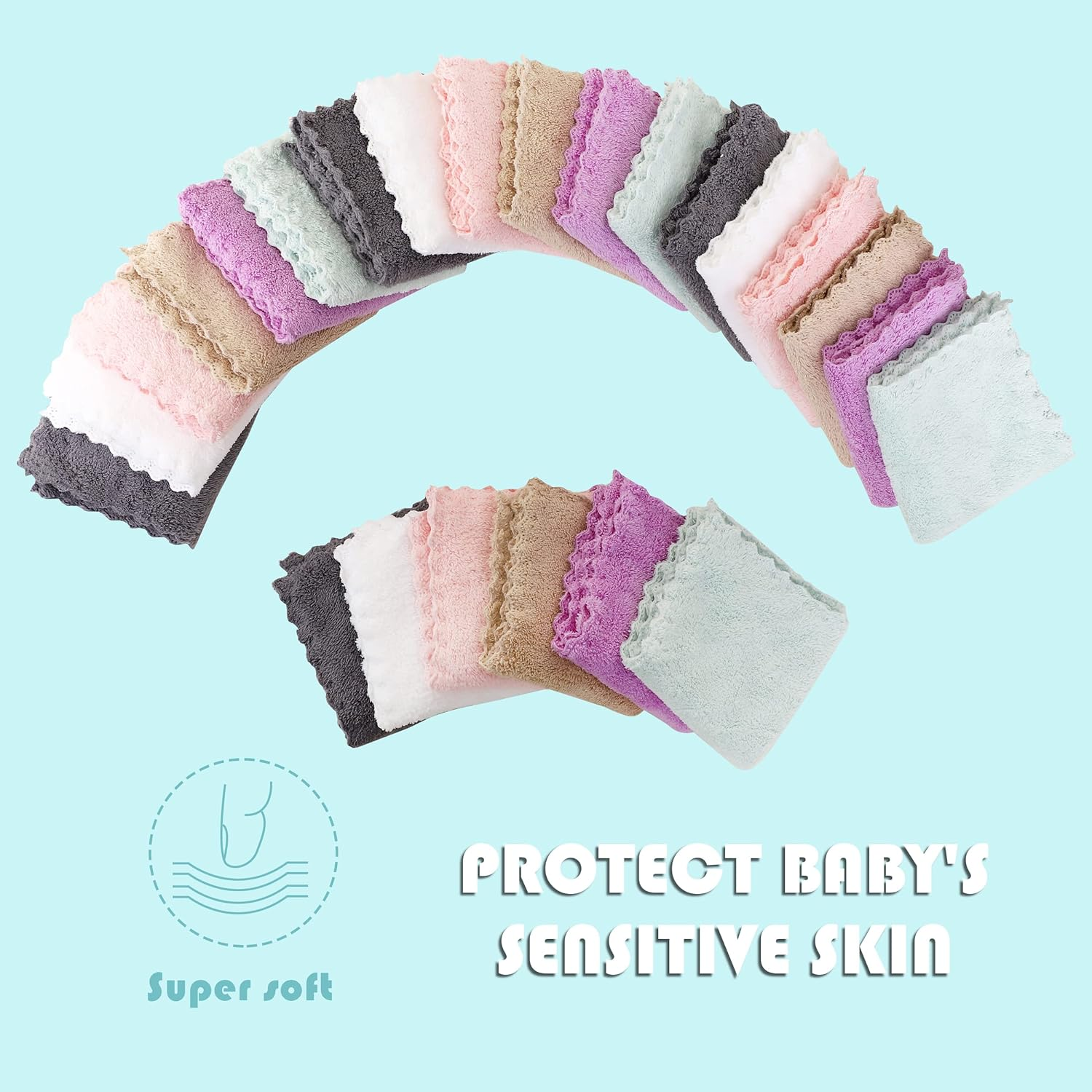 MOON PARK Baby Washcloths, 24 Pack - 8X8 Inches, Small Burp Cloths and Baby Wipes - Microfiber Coral Fleece Ultra Absorbent and Soft for Newborn, Infant and Toddlers - Multicolored - Multicolored image number 1
