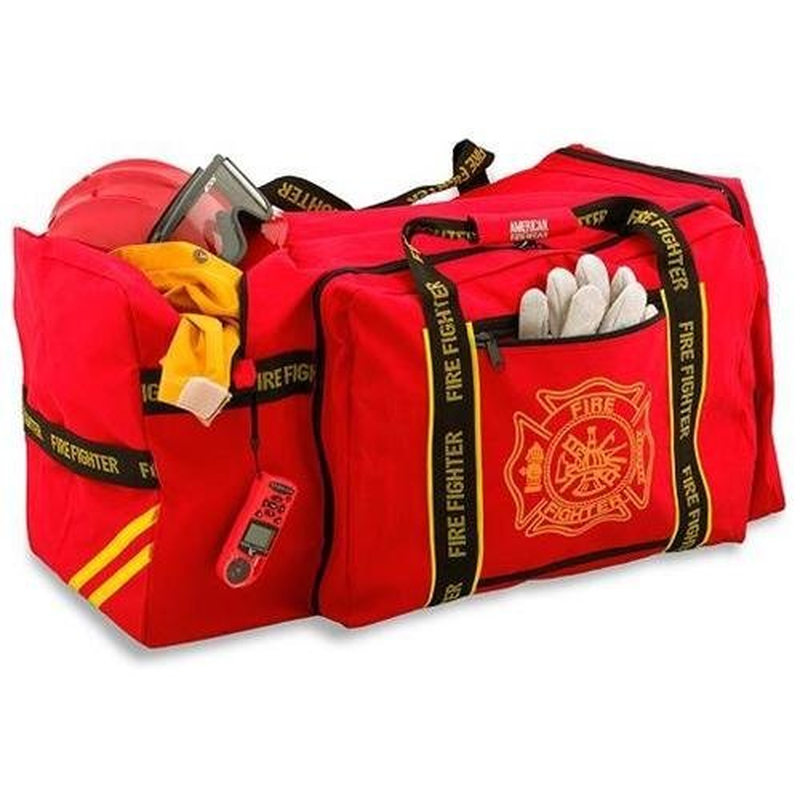 Occunomix OK-3000 Large Gear Bag, &ldquo;Firefighter&rdquo; Woven in Reflective Trim along Bag Straps, Maltese Cross Logo, 3 Compartments with 2 outside Zip Pockets, 29&rdquo; X 17&rdquo; X 16&rdquo;, Red image number 1
