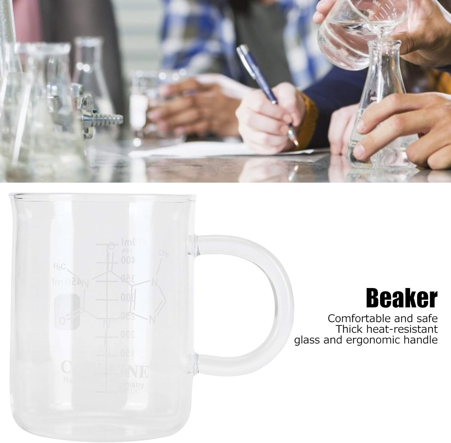 Leopacat Caffeine Beaker Mug, Caffeine Molecule Mug, Scientific Borosilicate Glass Chemistry Mug with Handle Graduated and Pouring Spout for Mocha Latte Milk Cappuccino Water Juice image number 4