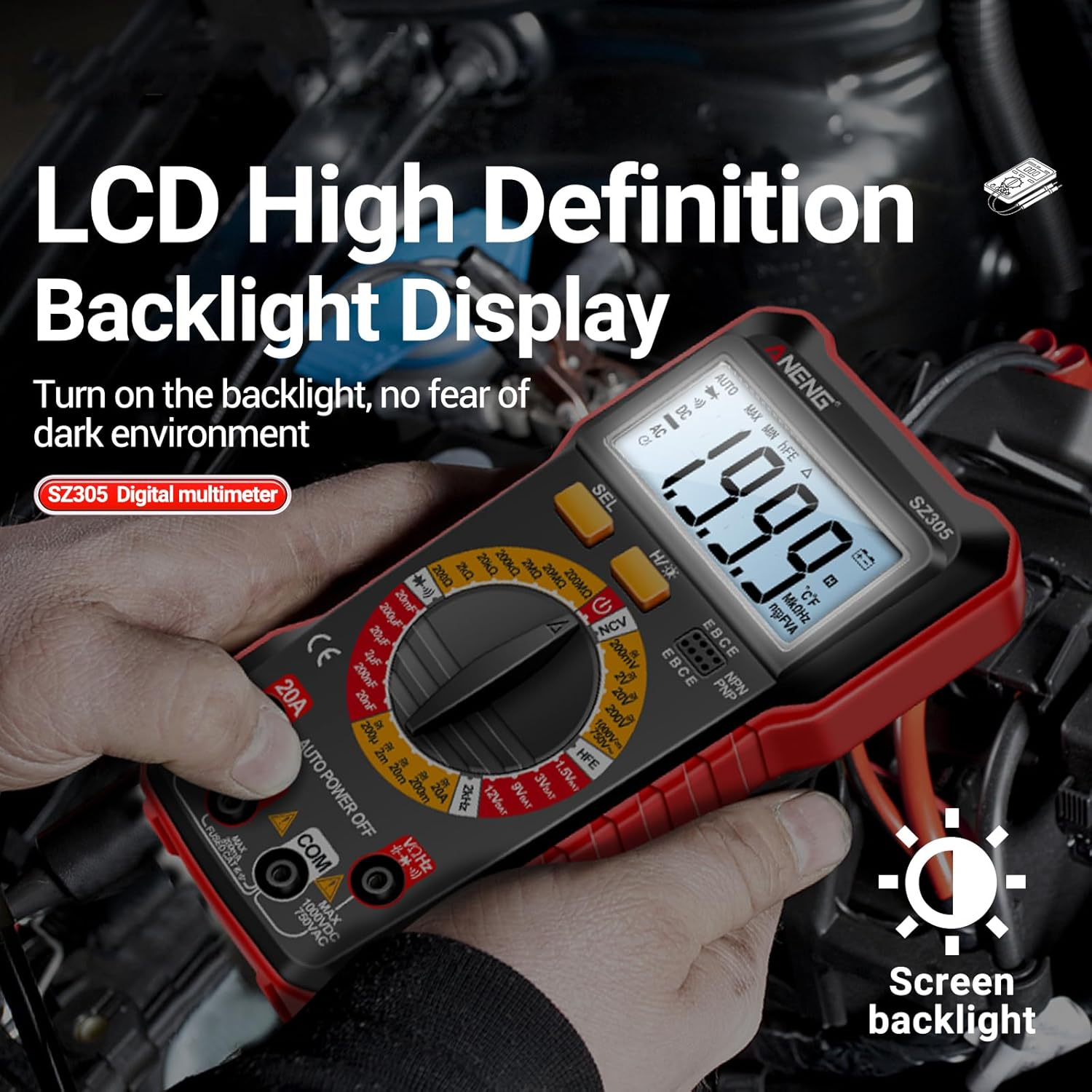 SZ305 Multimeter Capacitor Testers Professional 1999 Counts Smart Voltmeter Ohm Meter Fast Accurately Measures Voltage Current Resistance Capacitor Frequency Diode Hfe image number 3