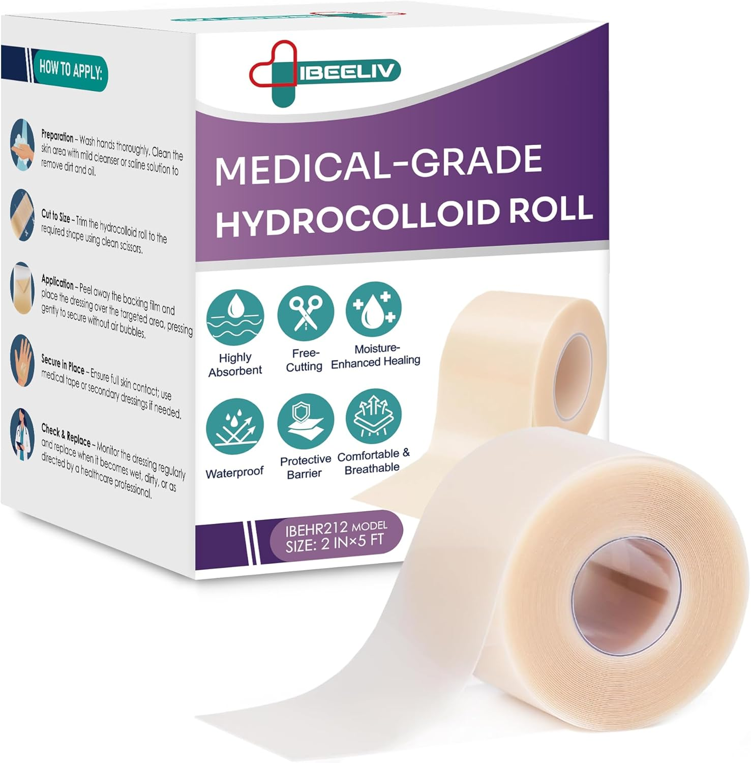 Medical-Grade Hydrocolloid Roll for Wound Care: 5Cm &times; 1.5M Hydrocolloid Bandages, Cut-To-Size Self-Adhesive Patch Dressing, Waterproof & Ultra Absorbent Tape for Burns, Blisters, Acne, First Aid Kit image number 2