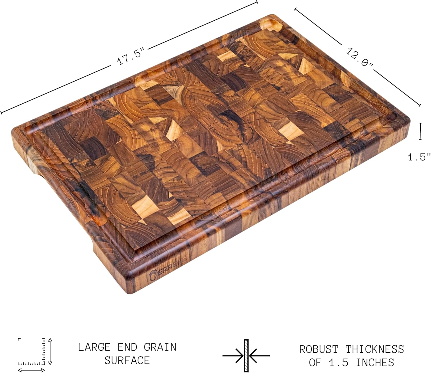 Erreke Teak Wood End Grain Cutting Board (XL, 17.5X12X1.5"), Large and Thick Wooden Cutting Boards for Kitchen with Juice Groove, Comfortable Hand Grip, Reversible Use on Both Sides, High Durability