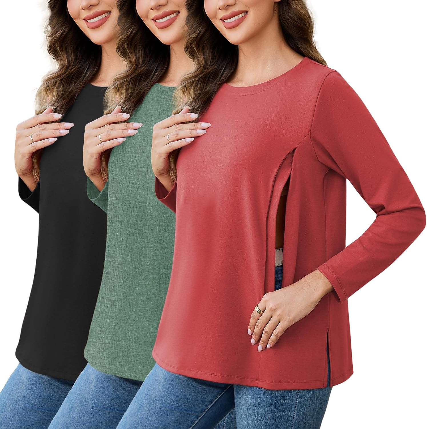 Love2Mi Pack of 3 Women'S Nursing Shirt with Zip Loose Maternity Shirt Long Sleeve Maternity Clothing Winter