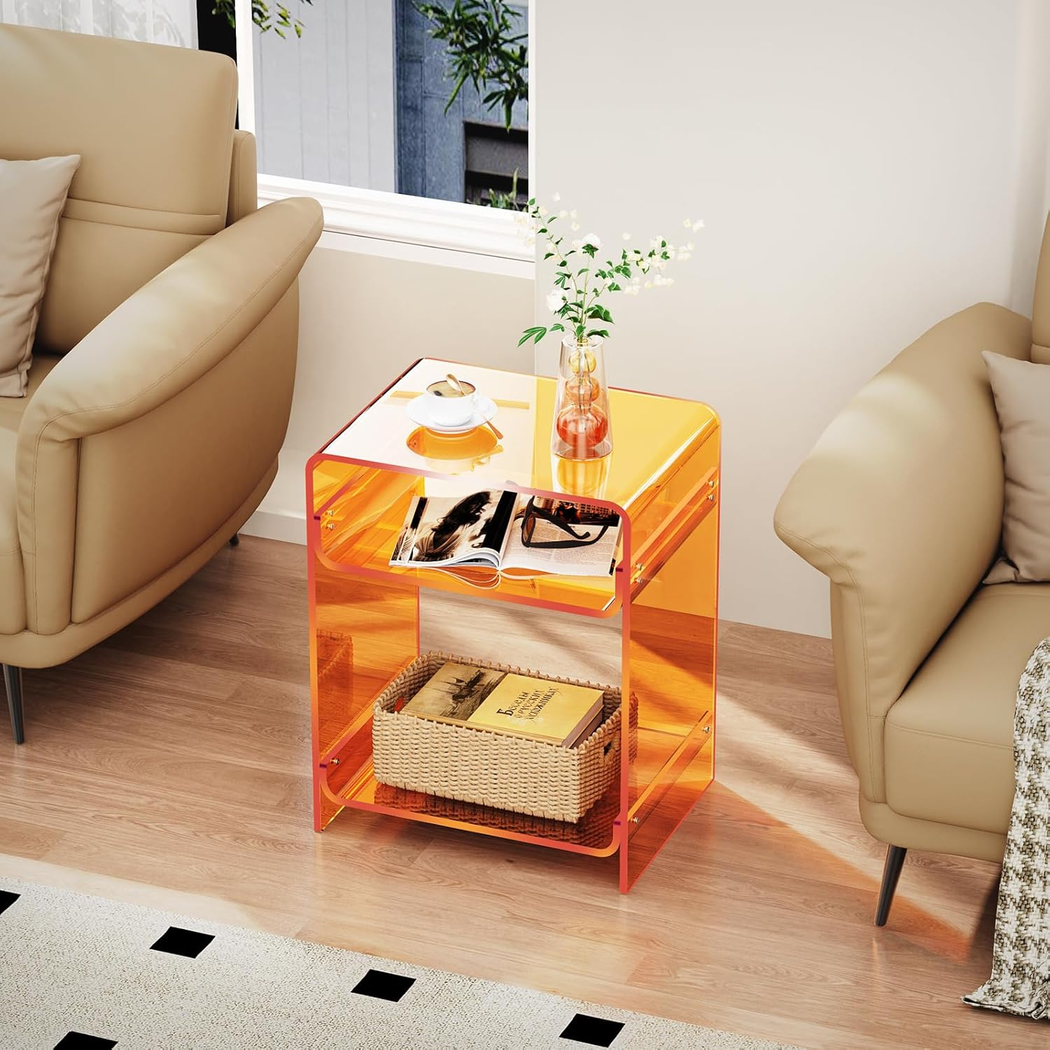 Acrylic Side Table Record Player Stand with Storage, Clear Nightstand Bedside Table End Table for Living Room, Bedroom (Orange) image number 3
