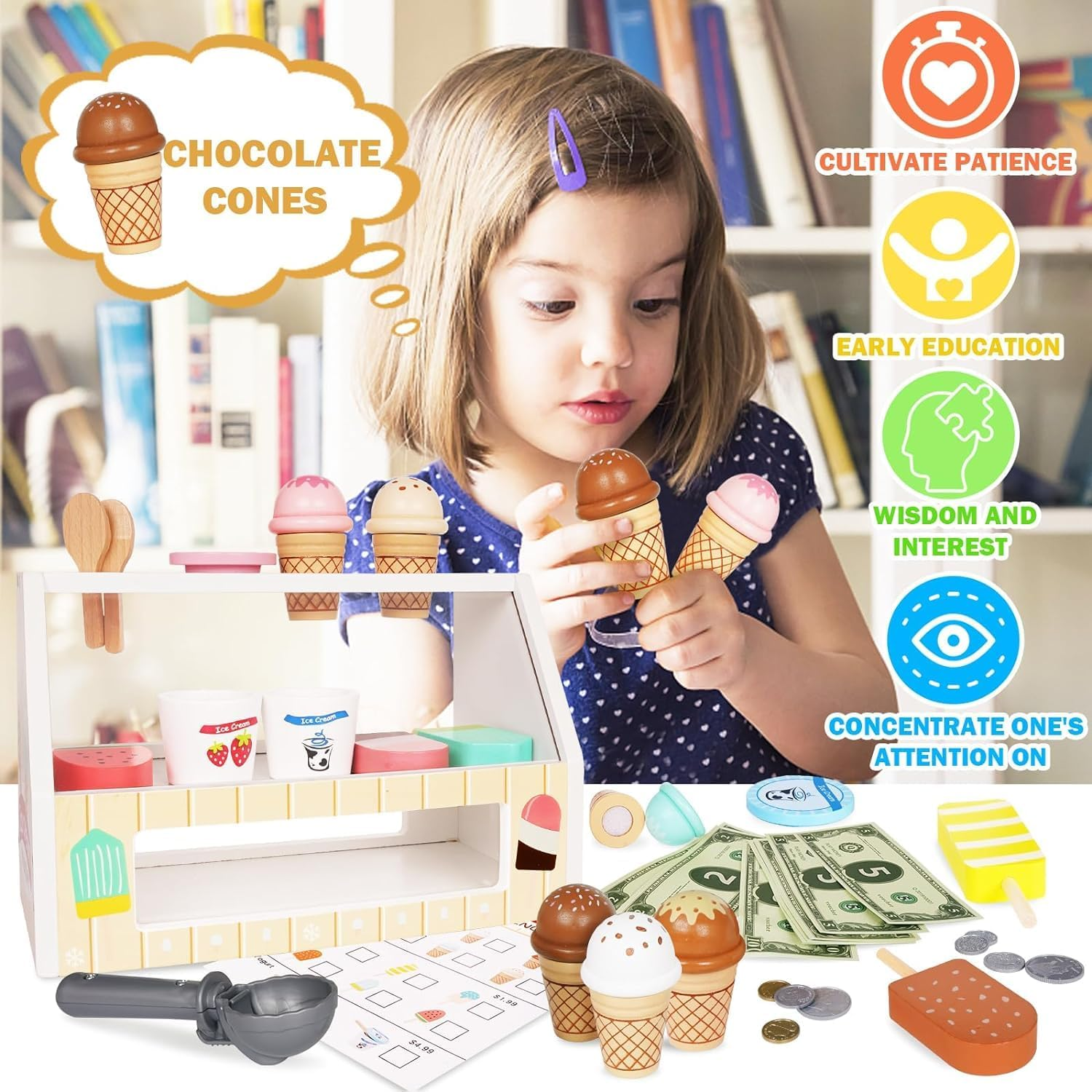 Ice Cream Counter Playset for Kids, Montessori Pretend Play Food Toys Kitchen Accessories Wooden Popsicle Set with Scoop & Fake Cash,Ice Cream Shop Toys Toddler Learning Toy for Kids image number 5