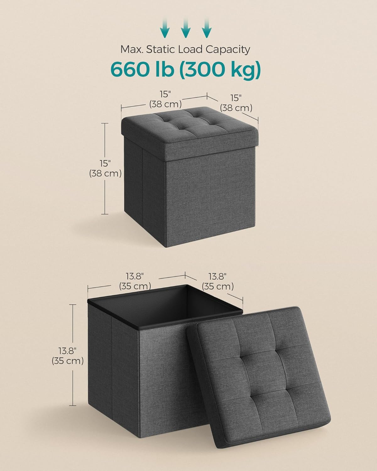 Songmics Folding Storage Ottoman Bench Foot Rest Stool, 38 Cm Size, Dark Gray image number 6