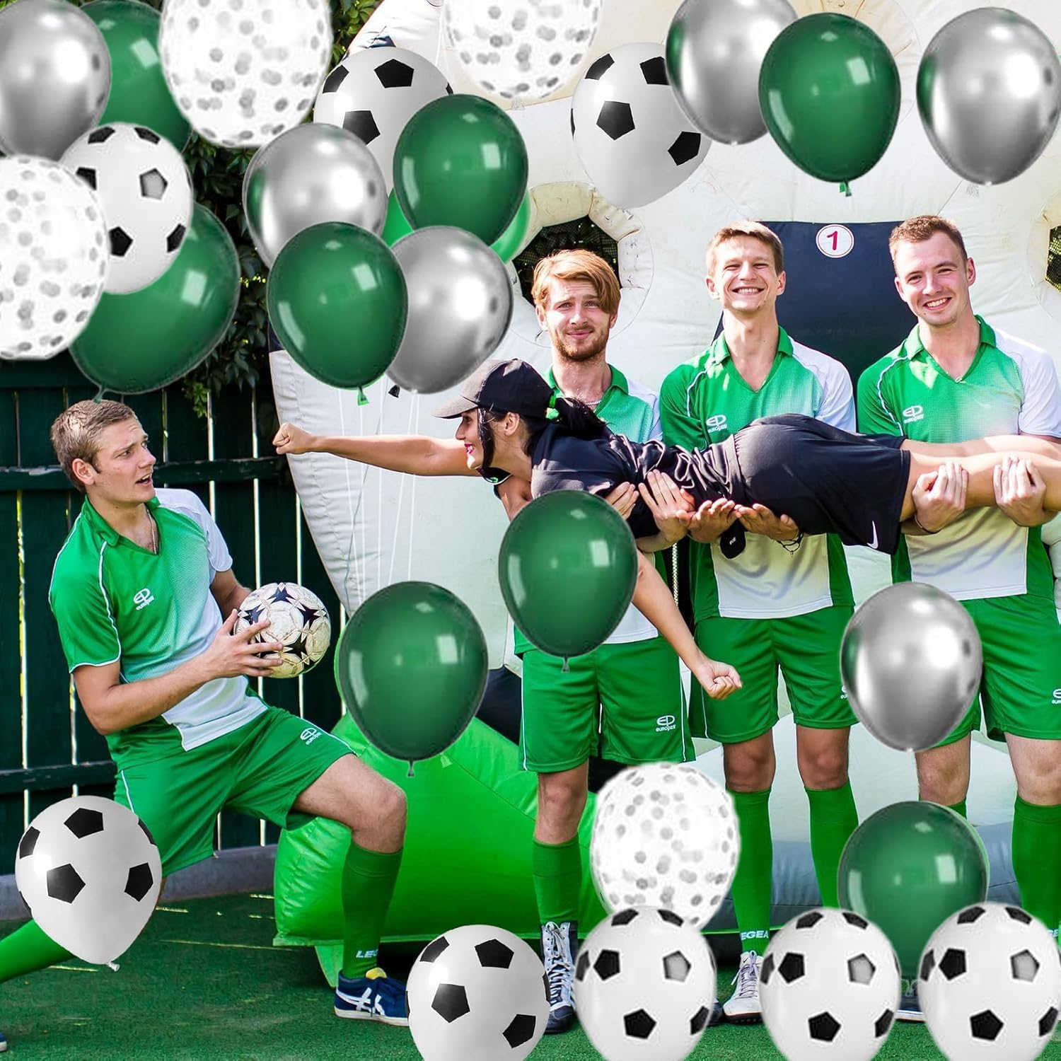 Football Balloons, 12 Inch Soccer Balloons Green Black White Latex Balloons Soccer Printed Balloons with Ribbons for Boys Football Soccer Party Sports Anniversary Baby Shower Decorations image number 5