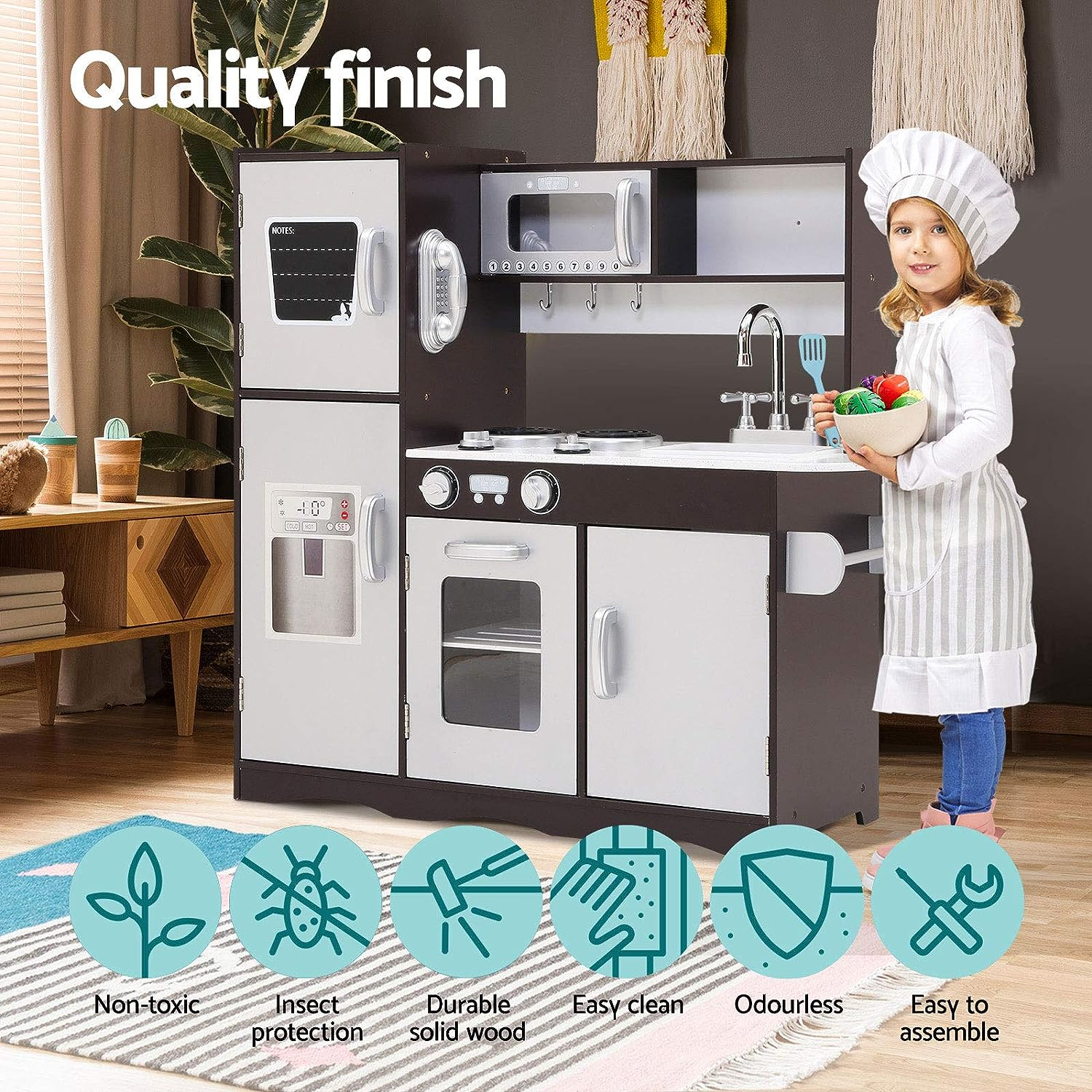 Keezi Kids Kitchen Set Pretend Play Food Playset Wooden Toys Mud Kitchens Children Cooking Cookware Sets Toy Home Cubby House Furniture for Boys Girls, Easy Cleaning White image number 6