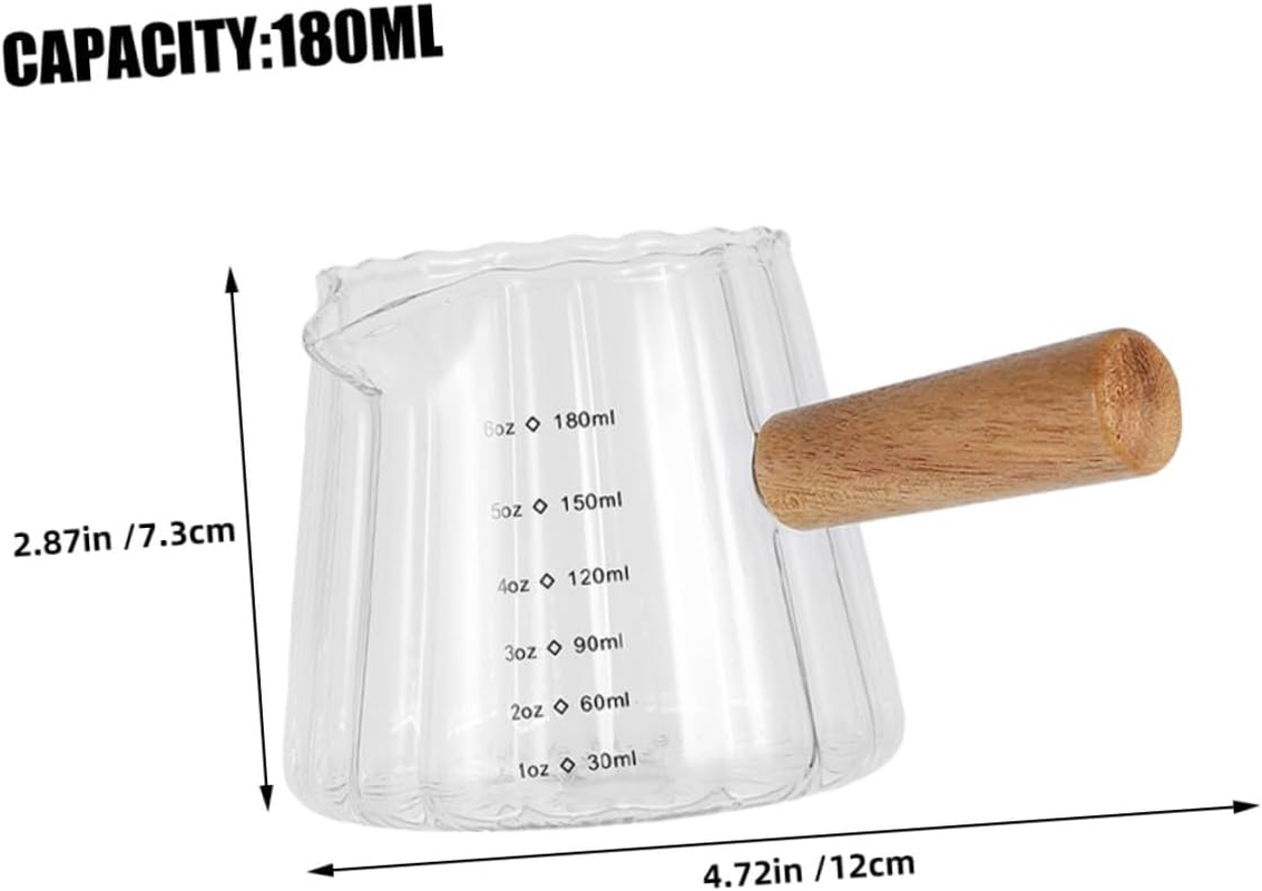 Iplusmile 2Pcs Clear Glass Milk Measuring Cups with Wooden Handles Small Frothing Pitchers for Espresso and Multipurpose Mini Milk Jugs for Coffee Lovers at Home Office