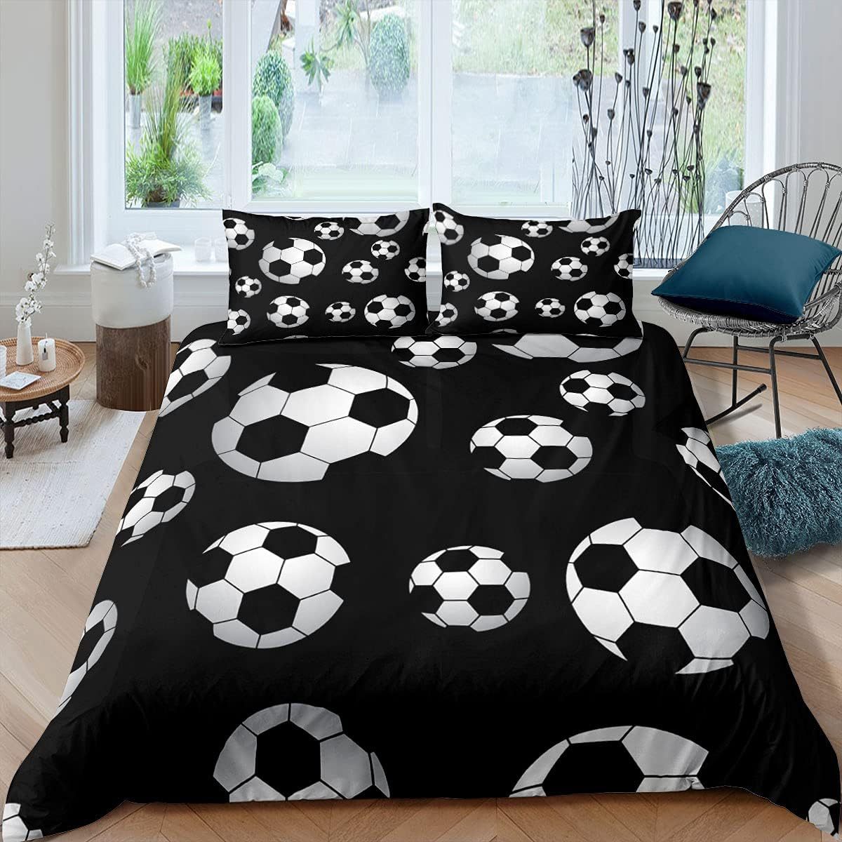 Simple Black White Bedding Set Full Size Soccer Comforter Cover 3D 3 Pcs Chic Boys Bedroom Decor Football Duvet Sets Sport Ball Theme Fashin Birthday Gifts, Full 200X229Cm/1913