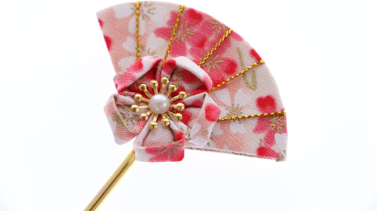 C-121-3 Pink White Hair Pin Fan Shape Pin Hairpin Fabric Flower Sakura Japan Geisha Kimono Accessory