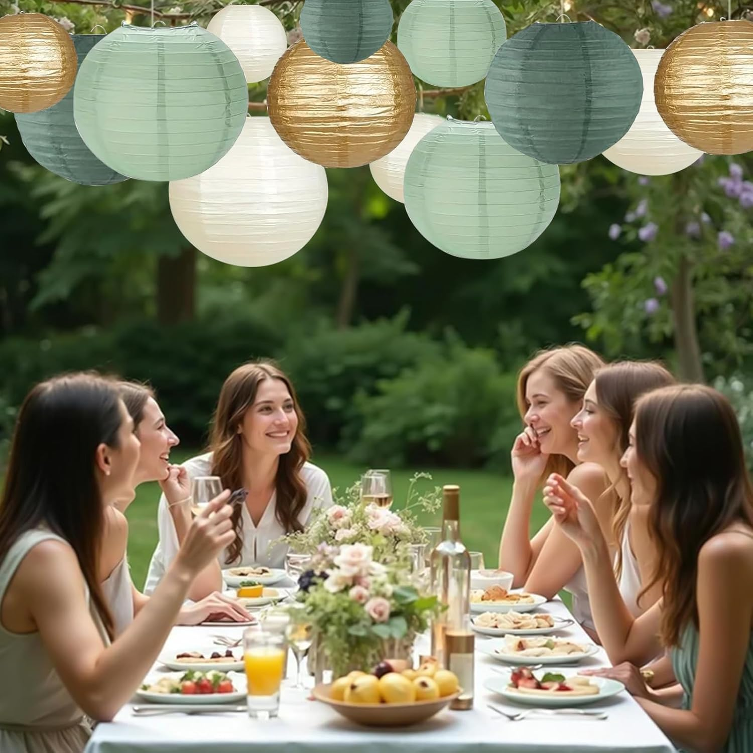 Pack of 15 Green Gold Paper Lanterns, round Hanging Paper Lanterns with Pennant and Fishing Line, Sage Green Lanterns for Bridal Wedding Decoration, Garden Party Decoration (Size: 25 Cm, 20 Cm, 15 Cm) image number 3
