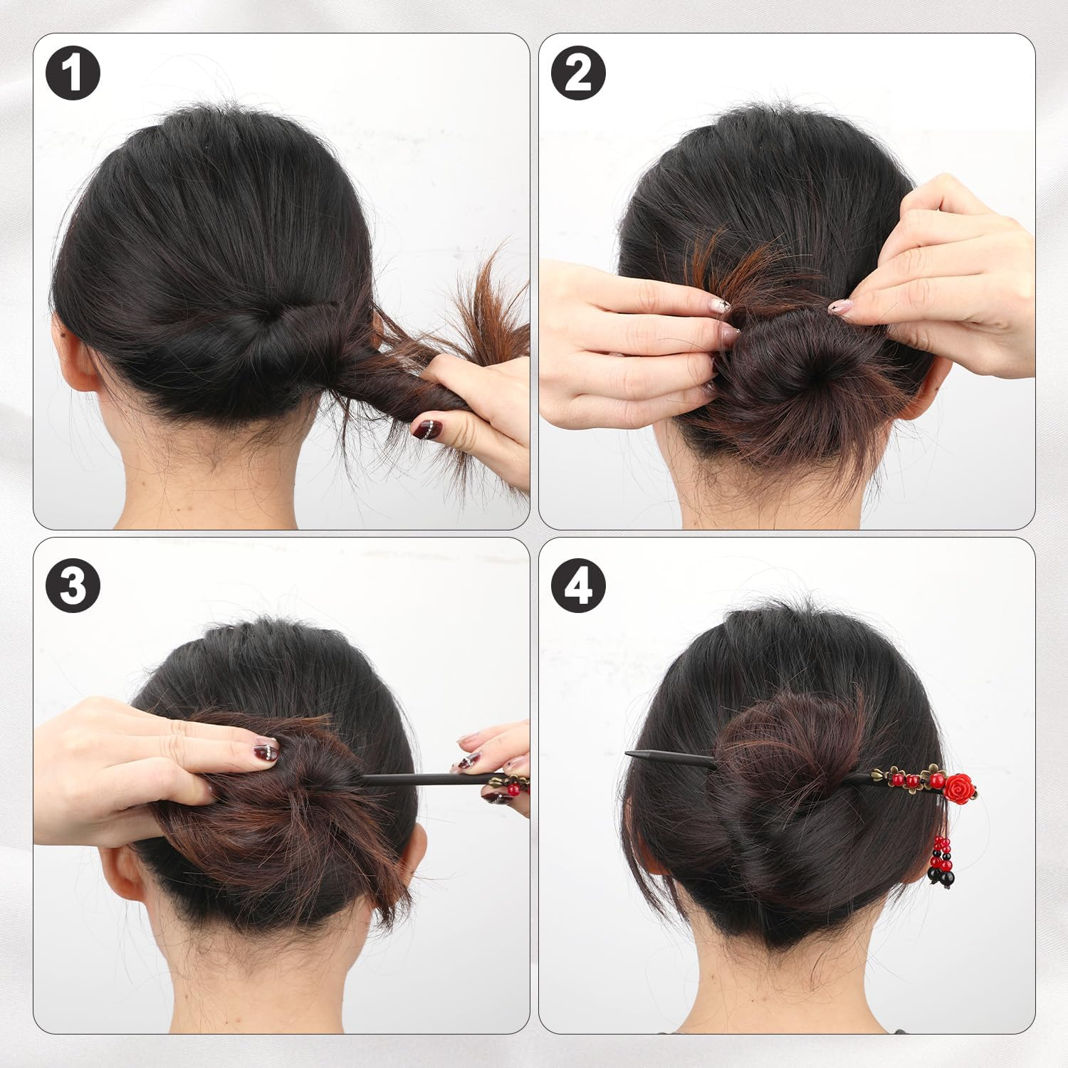 2Pcs Chinese Hair Sticks, Retro Vintage Chinese Hair Pins Rose Flower Hair Chopsticks Asian Japanese Handmade Wooden Hairpin Traditional Hanfu Pin Classic Hair Holder Accessories for Women Long Hair image number 3