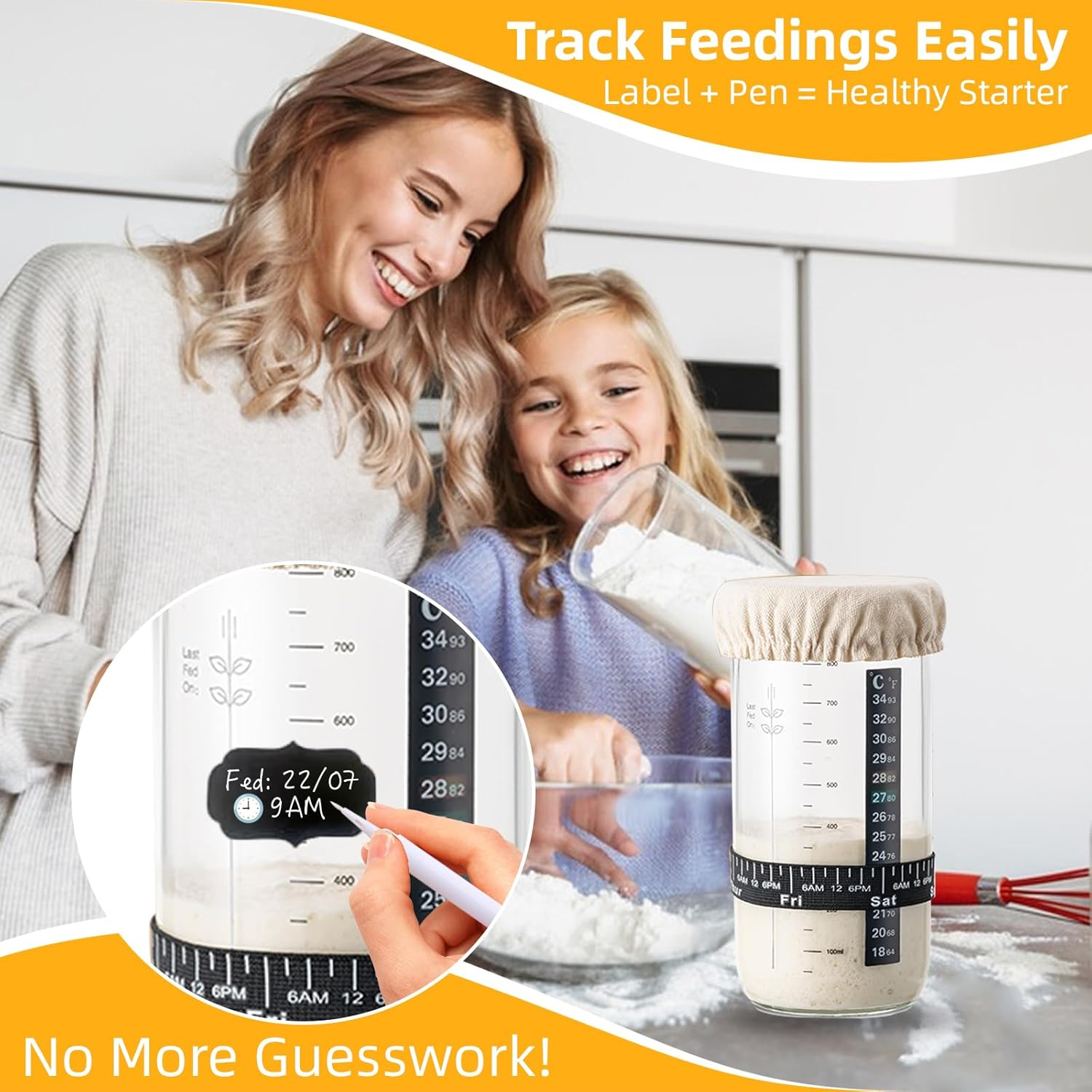 Togemvvs Sourdough Starter Jar, 1000Ml Wide Mouth Glass Sourdough Jar Kit with Measurement Markings, Rubber Scraper, Rubber Band, Cloth Cover, Label Pen, Suitable for Bread Making and Home Baking image number 3