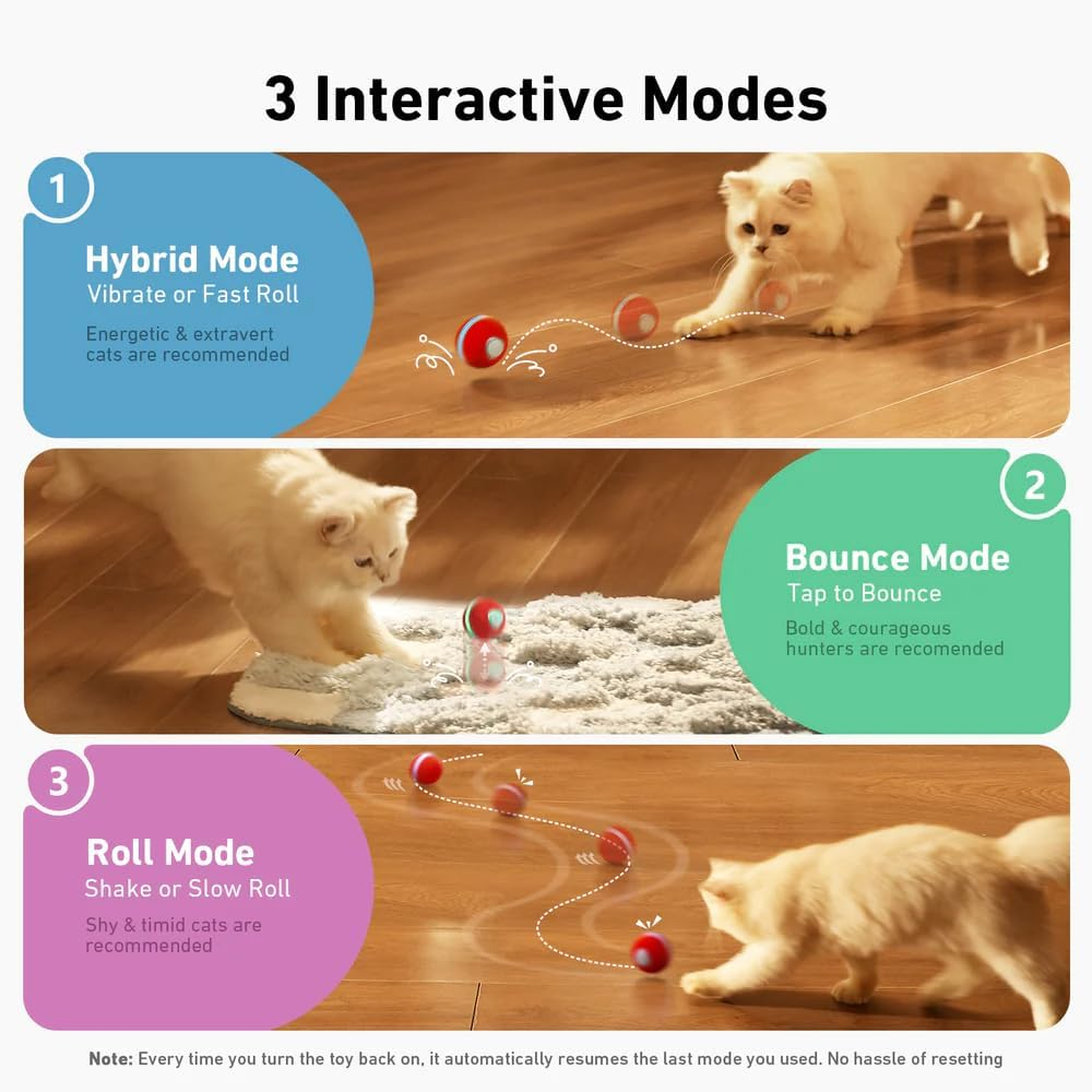 Cheerble Mini Ball 2.0 - Intelligent Interactive Automatic Rolling Ball for Cats - 3 Play Modes - Cat Toy - USB Rechargeable - Cat Toy Intelligence & Electric (Red) image number 2