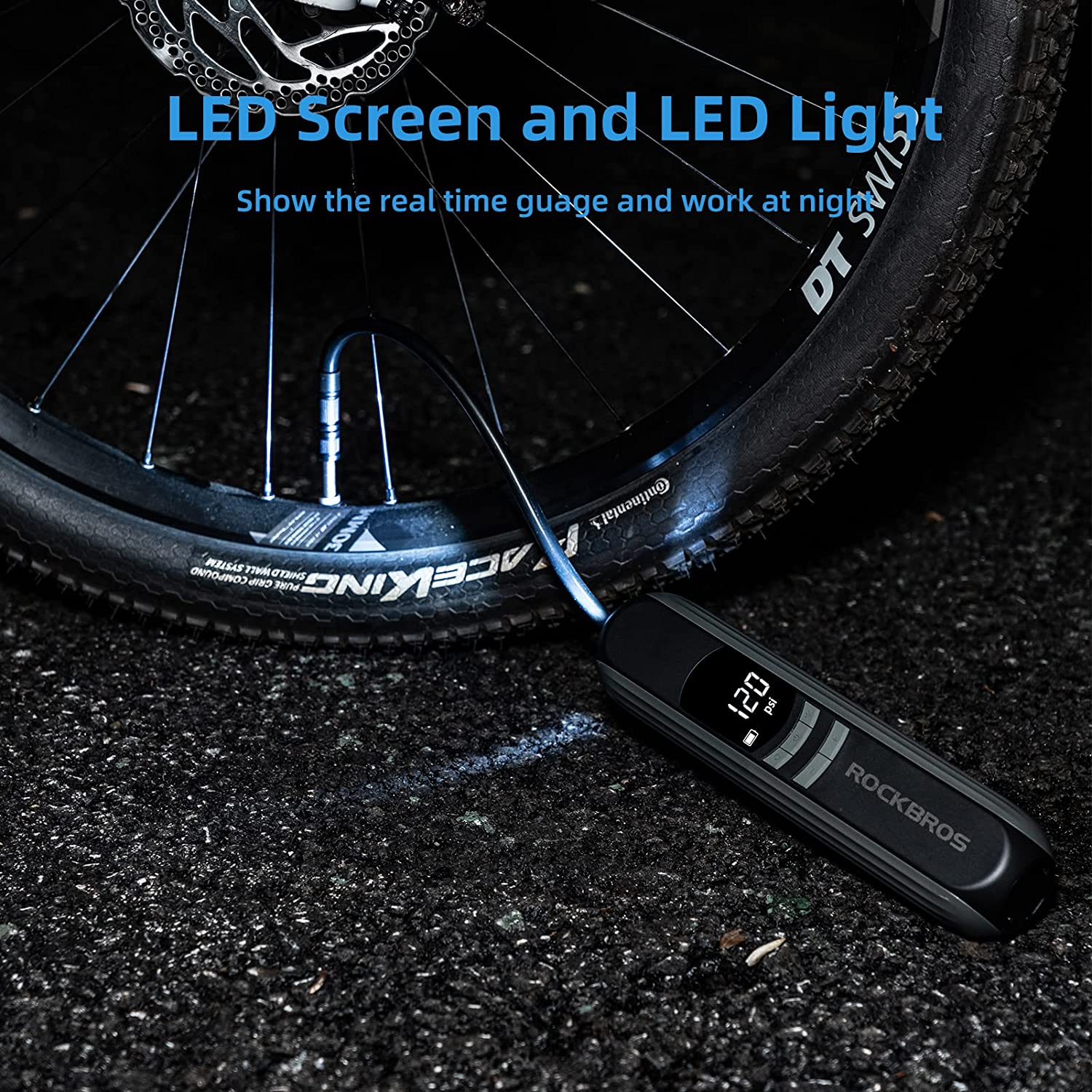 ROCKBROS Portable Air Pump Electric Car Tire Inflator 150 PSI Rechargeable Cordless Bike Air Compressor 2600Mah Smart Auto Shut-Off Tire Pump for Bike Car Basketball image number 6