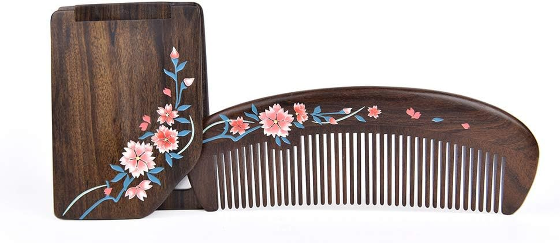 TAN MUJIANG Natural Wooden Comb & Mirror Set - Handcrafted Natural Wooden Haircare Kit with Sakura Design