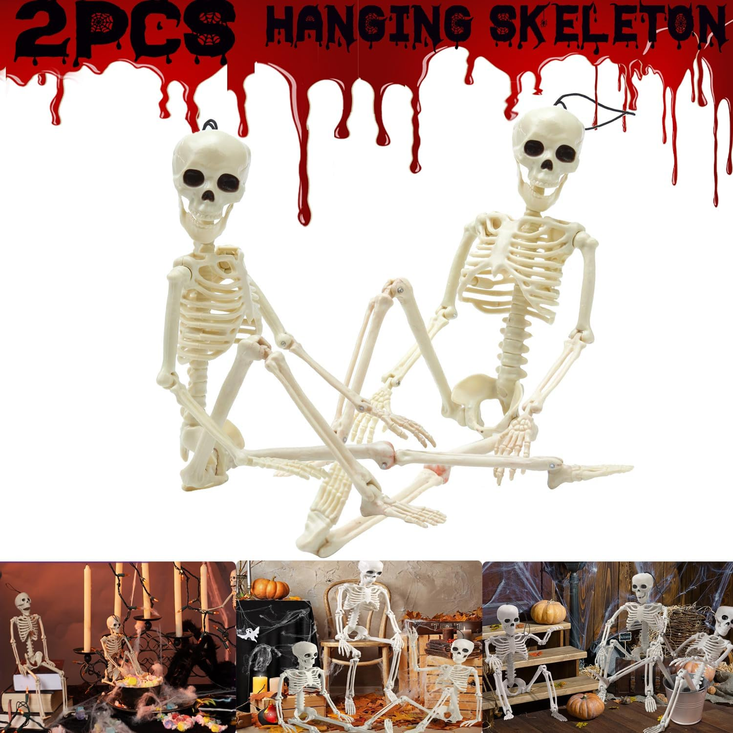 2 Pack Halloween Hanging Skeleton Decorations Full Body Posable Joints Skeletons 16 Inch Mini Skeleton Realistic Human Plastic Bones Halloween Outdoor Indoor Decoration, Halloween Skeleton Decor Movable for Haunted House Props Halloween Party Decoration image number 3