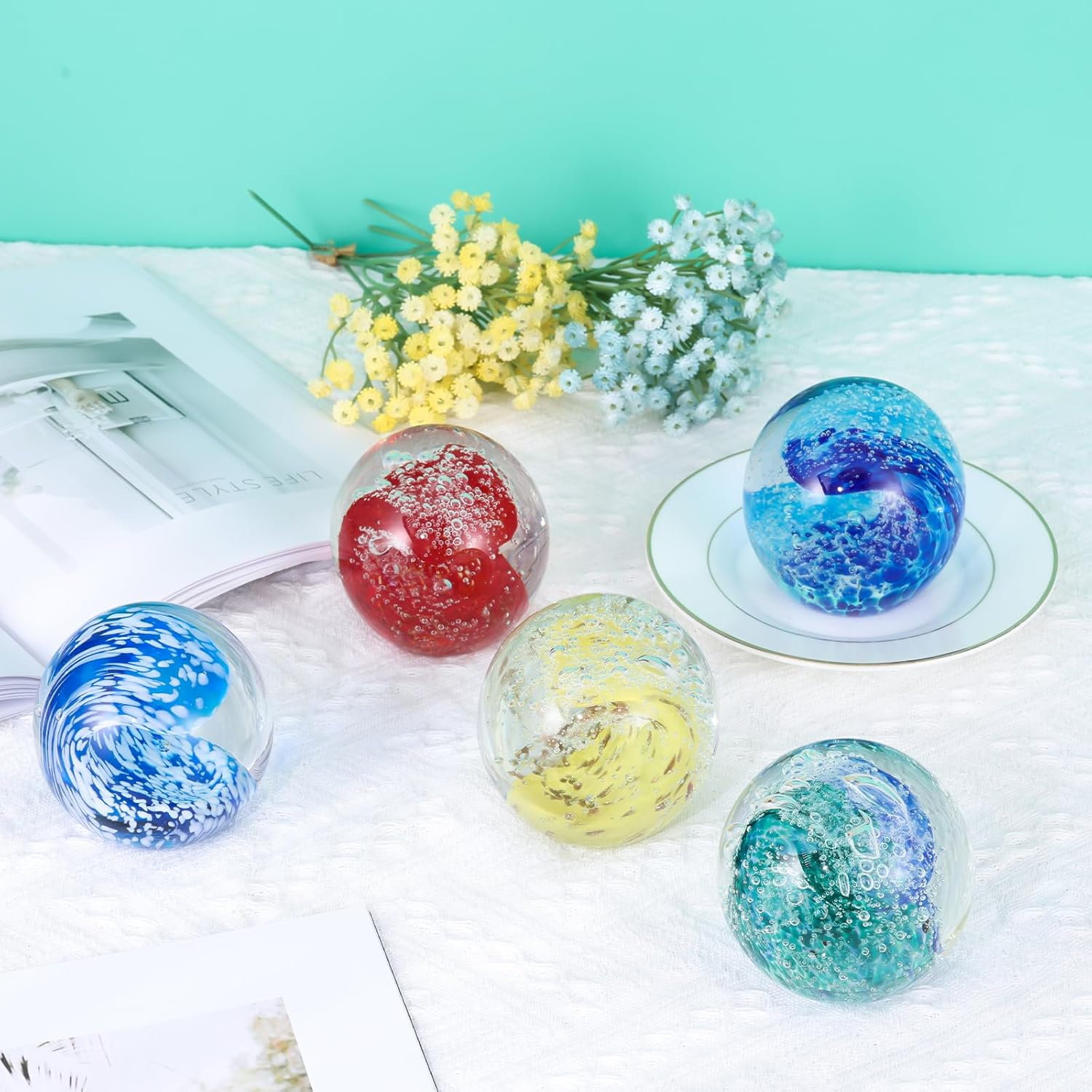 Hand Blown Glass Ocean Waves Glass Ball Beach Office Decor, Blue Glass Paperweight Ideal Beach Decorations for Home, Suitability Seaside Villa Aquarium Ocean Lover'S Gift image number 6