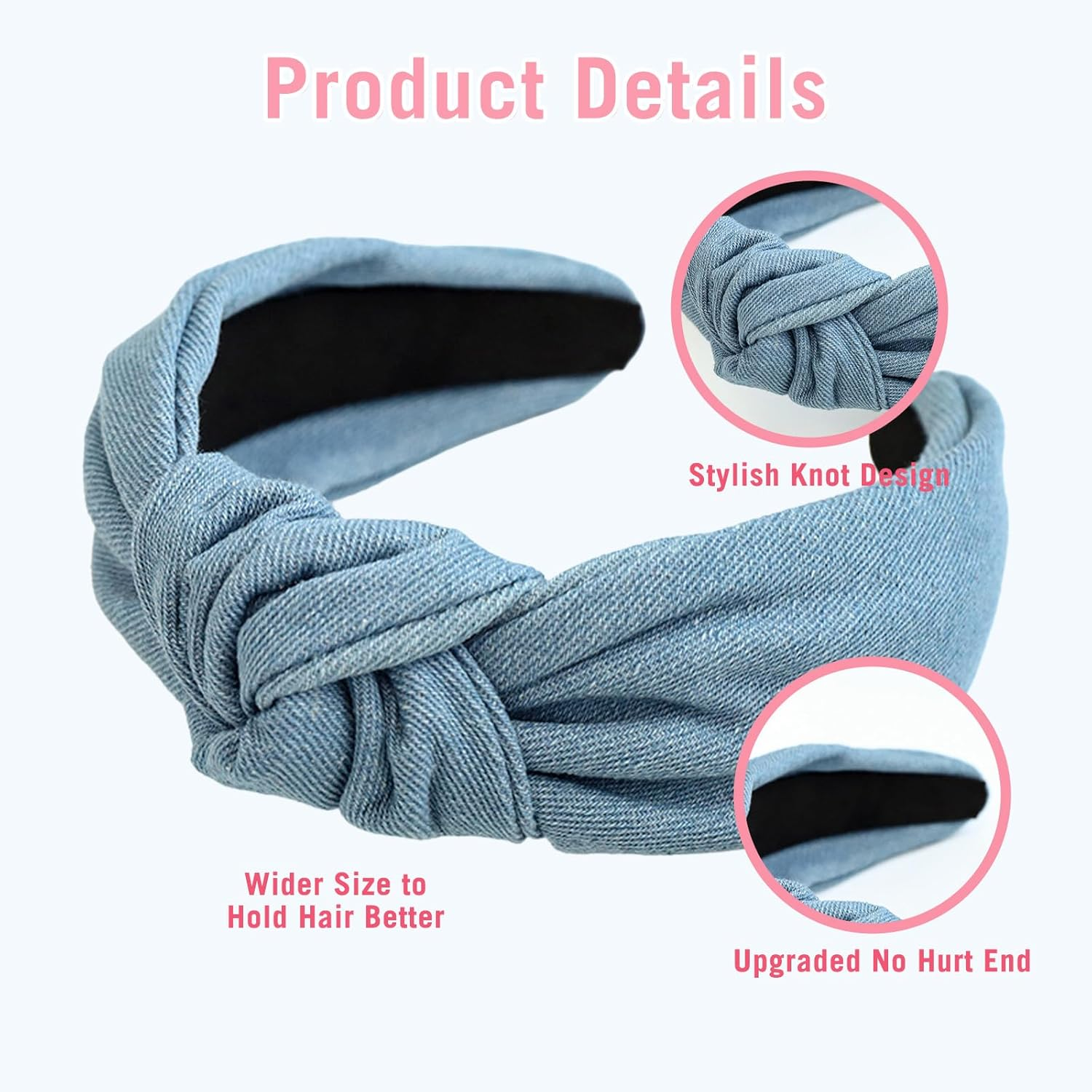 Pack of 2 Vintage Denim Knot Headbands Non-Slip Solid Wide Elastic Hair Bands with Cross Knotted Head Hair Accessories (Dark Blue Light Blue) image number 6