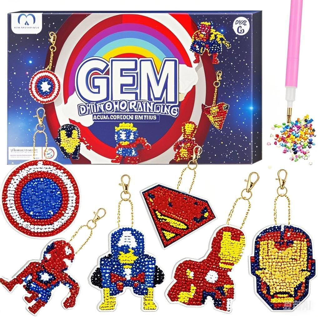 MATHARAGO Diamond Art for Kids 6 Pcs DIY Diamond Painting Cartoon Keyrings Set, Painting by Number Gem Keychains Craft Kits for Kids Ages 6-12, Gifts for Birthday, Back to School
