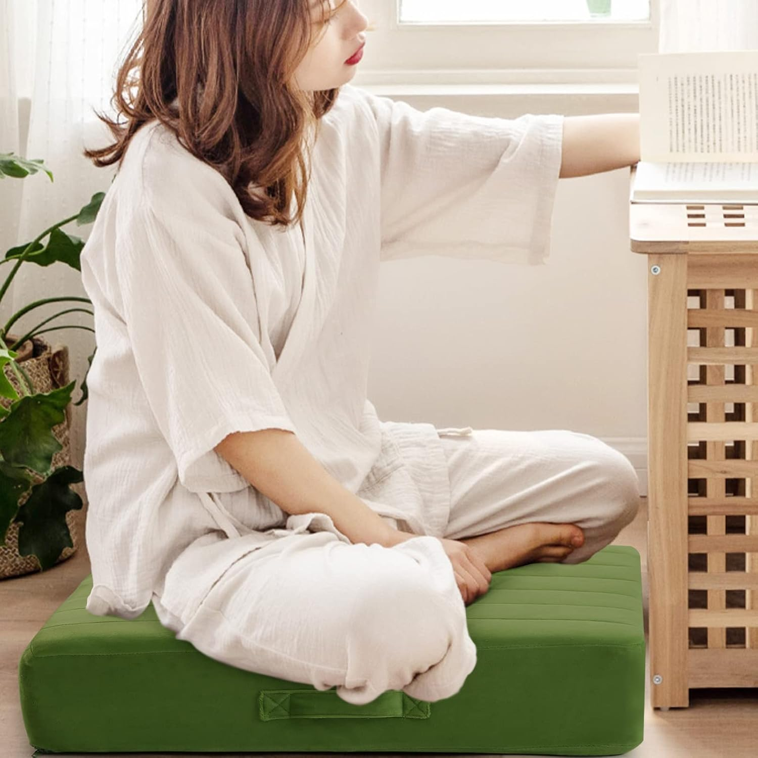 Memorecool Square Floor Pillow Seating for Adults Kids, Large Meditation Cushion Floor Pillow with Thick Foam & Soft Tufted Cover, Washable Big Pillow Seat Floor Cushion for Sitting Yoga 22" Green image number 4