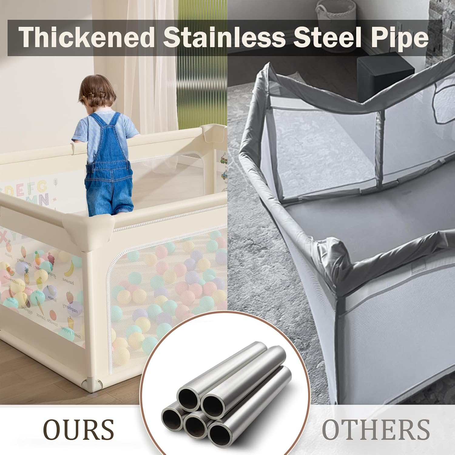 200X150Cm Playpen Baby, Extra Large Play Pen for Toddlers with Pattern Anti-Slip Sturdy Baby Play Yards Fence with 50 Balls, 4 Pull Rings, Balls Storage, Ball Storage & Zipper Door (Beige) image number 5