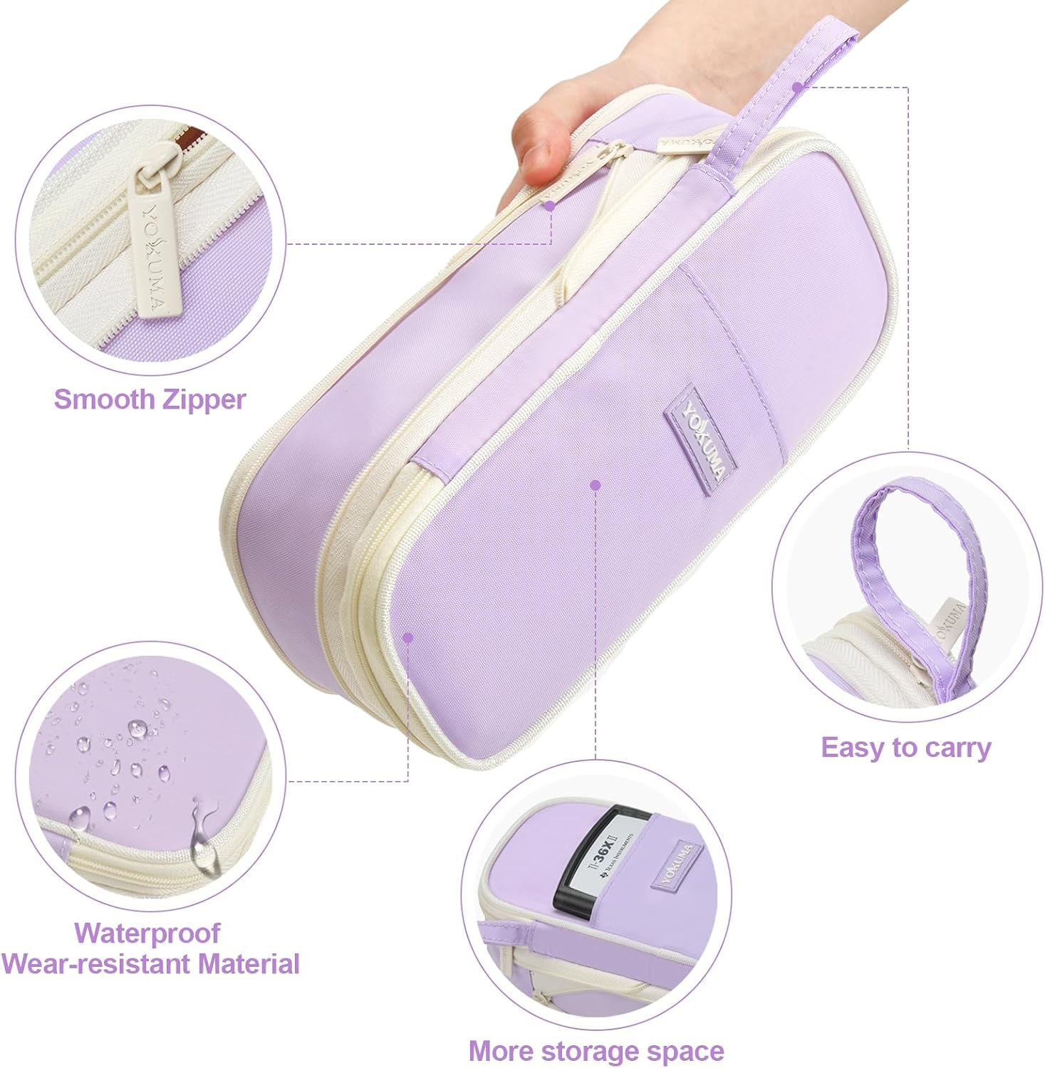 YOKUMA Pencil Case Cute Pencil Pouch for Girls Big Capacity Pen Bag Box, Kawaii Aesthetic College School Supplies for Student Teen Adults Preppy, Purple image number 3