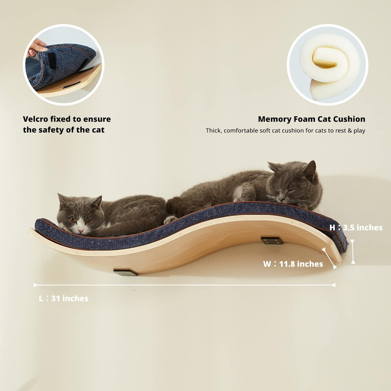 LIORCE Cat Wall Shelf with Two Steps - Wave Cat Shelves and Perches for Wall - Wall Mounted Cats Furniture for Sleeping, Playing, Climbing, and Lounging