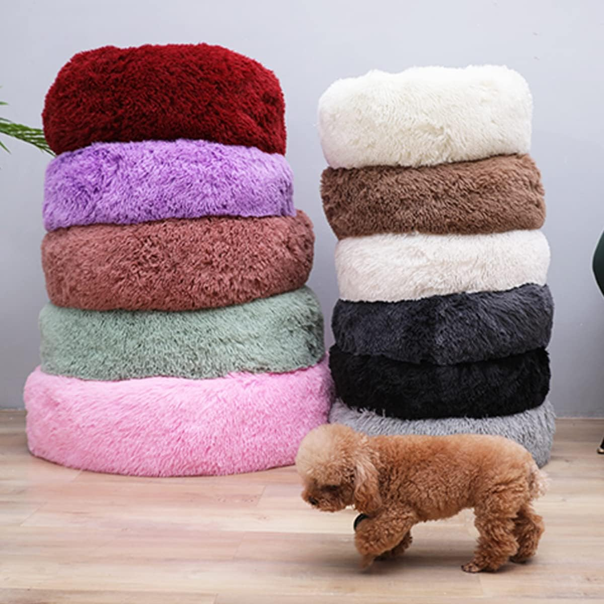 Calming Dog Bed & Cat Bed, Warming Cozy Soft Dog round Bed, Fluffy Faux Fur Plush Dog Cat Cushion Bed for Small Medium Dogs and Cats，Diameter16In