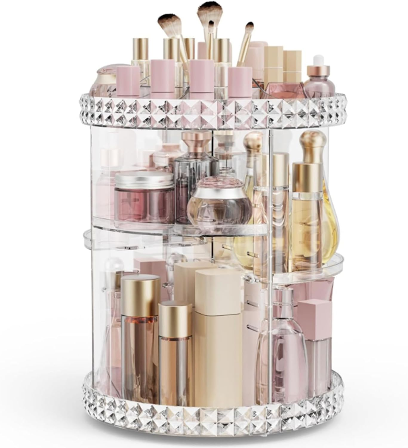 KXF 360&deg; Rotating Desktop Transparent Diamond Pattern Cosmetic Organizer Adjustable Shelf Height Spinning Makeup Storage Rack Box with Diamond Pattern for Dressing Toilet Vanity Table Countertop image number 4