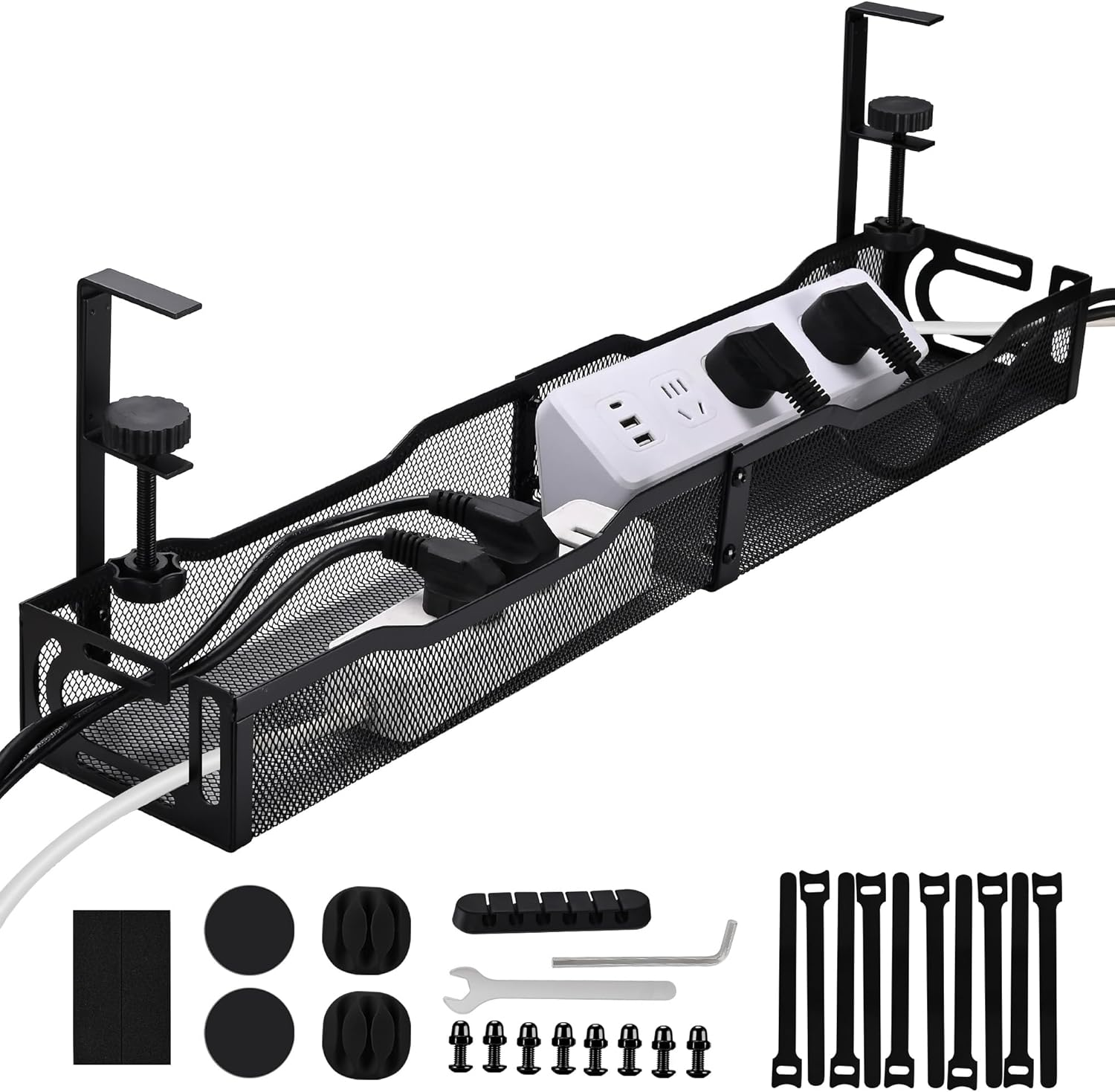 Under Desk Cable Management Box 25.3 Inch &ndash; No-Drill Cable Organizer Tray, Large Cord Management Box for Office & Home, Wire Organizer under Desk Storage, White
