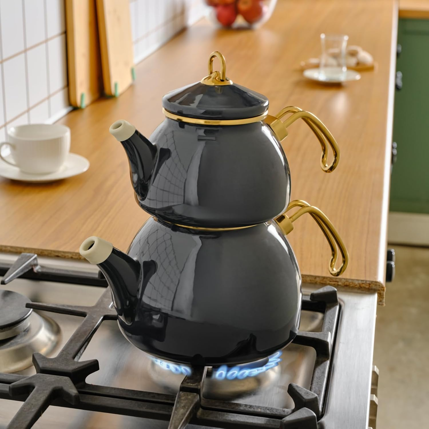 Karaca Retro Enamel Teapot Set, Anthracite, Suitable for Induction, Tea Maker, Kettle, Tea Infusion 1.1 L, Water Jug 2.3 L, Turkish Tea Kettle, Tea Maker, Caydanlik