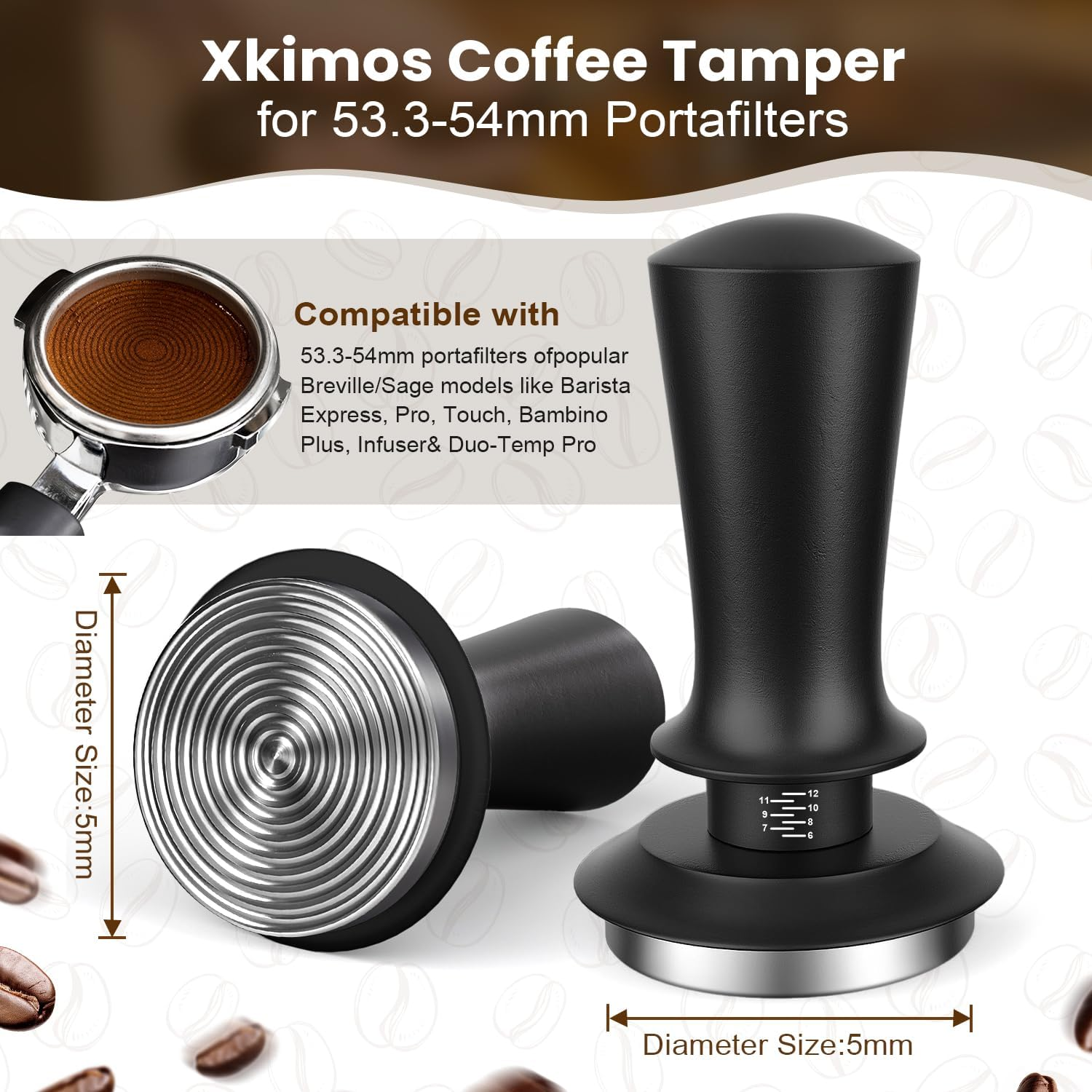 Xkimos 53Mm Coffee Tamper with 53.3-54Mm Portafilters,Coffee Tamper with 304 Stainless Steel Corrugated Base,Compatible with Popular Sage Models,Spring Loaded Adjustable Pressure Coffee Tamper image number 3